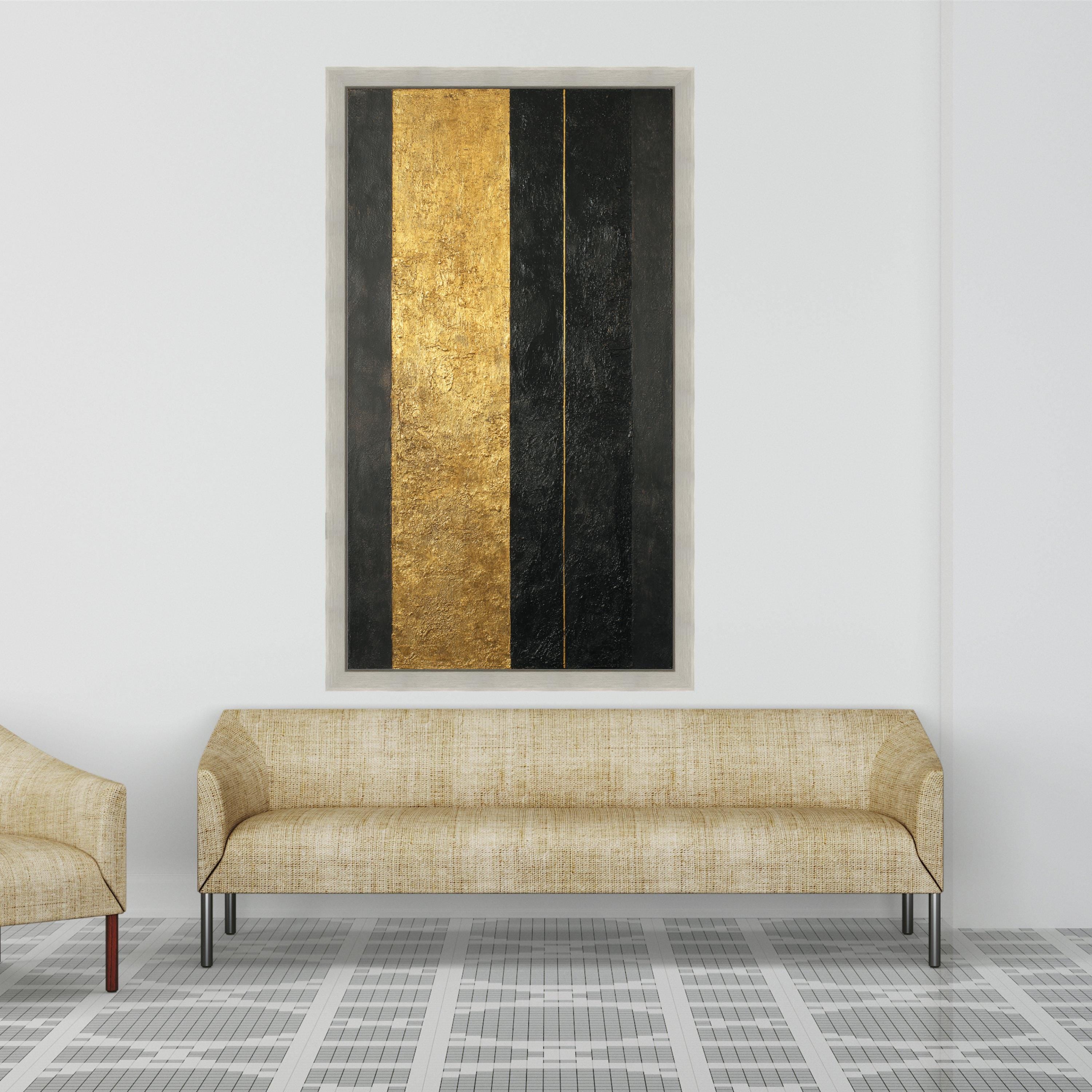 Modern Abstract Gold and Black Canvas, Geometric Wall Art, Elegant Vertical Stripes, Contemporary Home Decoration, Ready to Hang