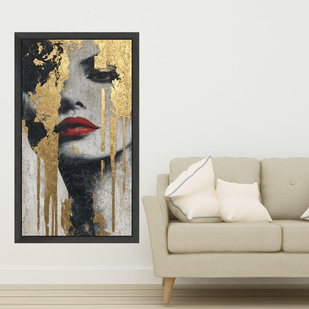 Abstract Female Portrait Canvas, Gold Leaf Wall Art, Red Lips Painting, Modern Decorative Canvas, Contemporary Face Art