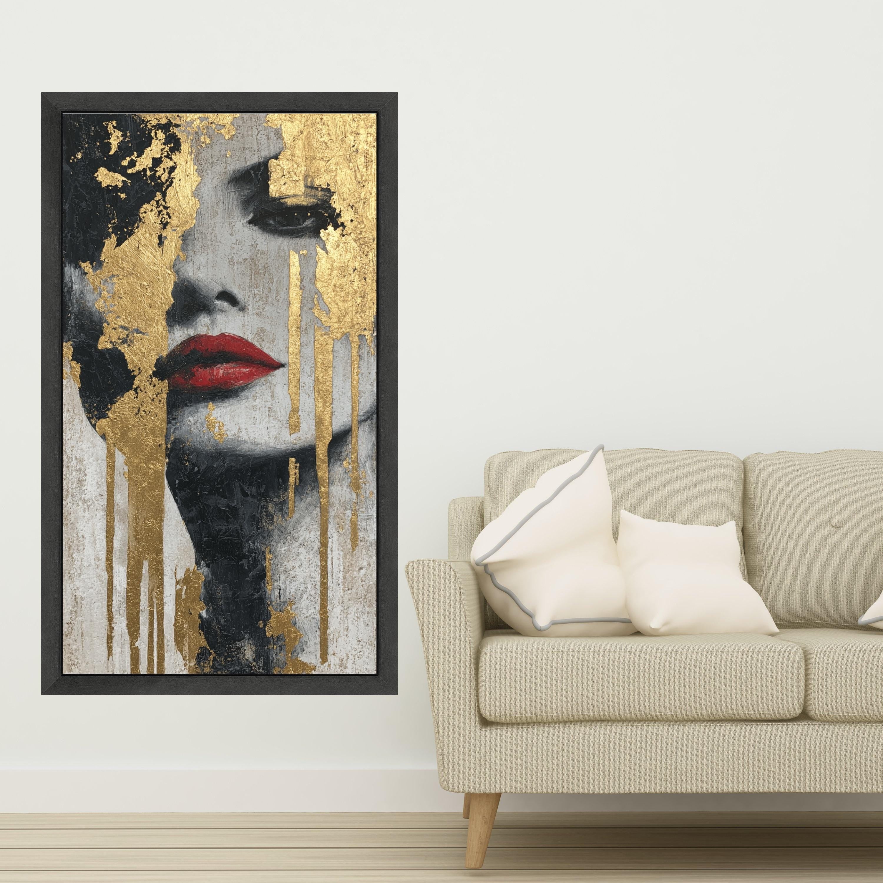 Abstract Female Portrait Canvas, Gold Leaf Wall Art, Red Lips Painting, Modern Decorative Canvas, Contemporary Face Art