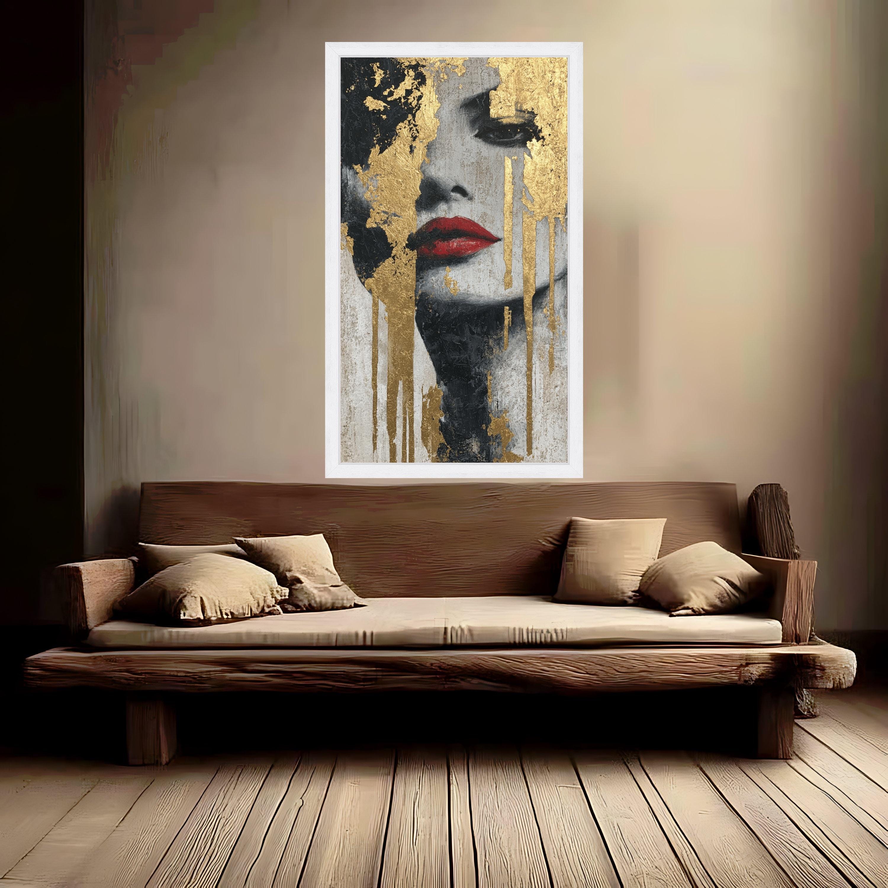 Abstract Female Portrait Canvas, Gold Leaf Wall Art, Red Lips Painting, Modern Decorative Canvas, Contemporary Face Art