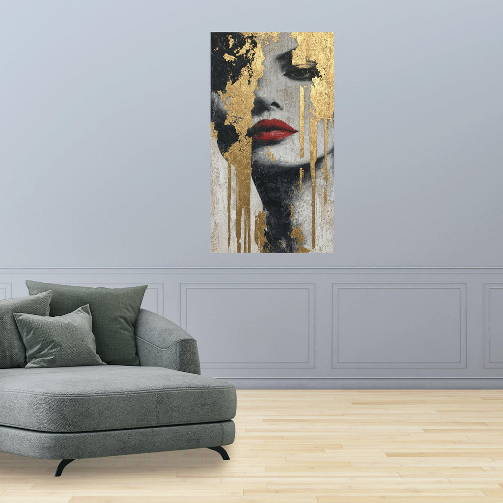 Abstract Female Portrait Canvas, Gold Leaf Wall Art, Red Lips Painting, Modern Decorative Canvas, Contemporary Face Art