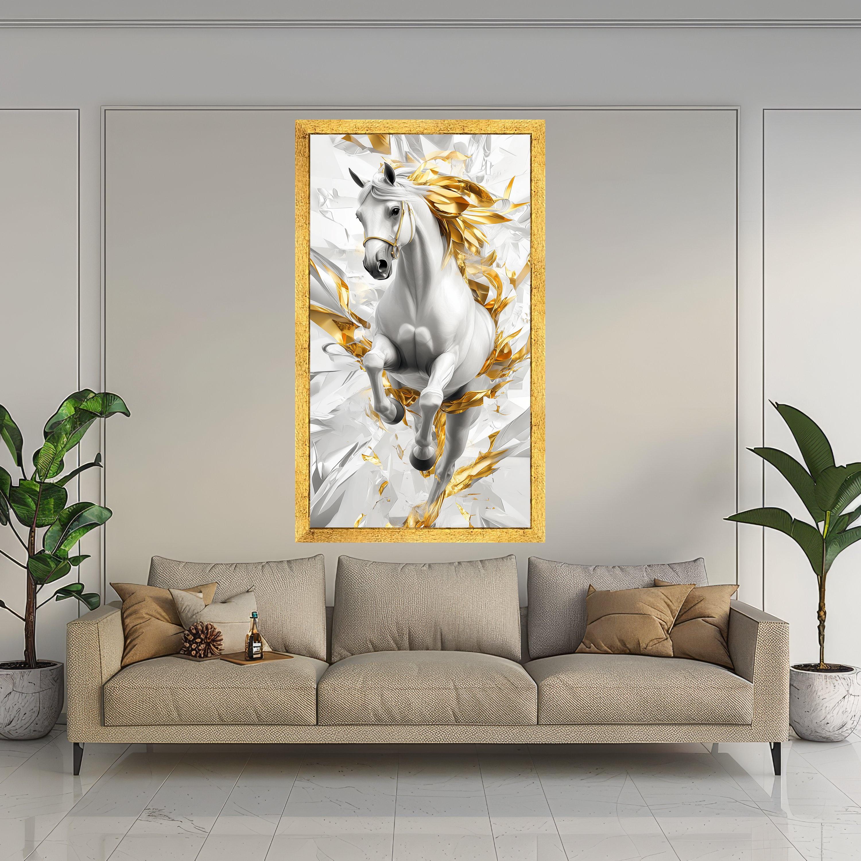 Majestic White Horse Canvas Wall Art, Abstract Gold Accents, Dynamic Equestrian Design, Modern Home Decor, Statement Canvas Print