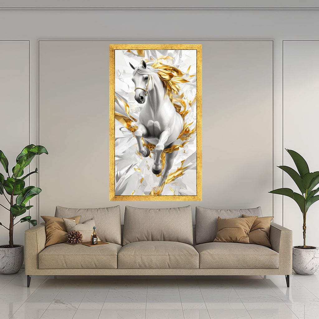 Majestic White Horse Canvas Wall Art, Abstract Gold Accents, Dynamic Equestrian Design, Modern Home Decor, Statement Canvas Print