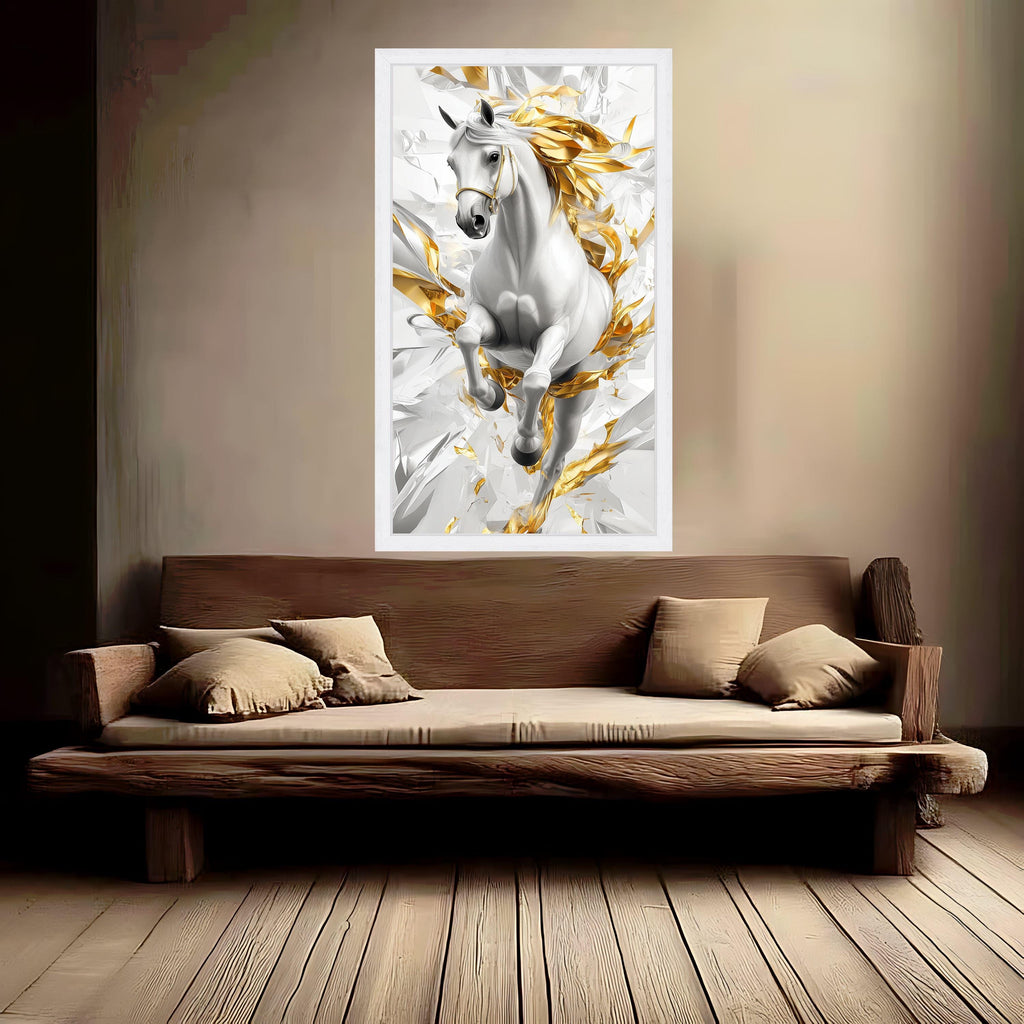 Majestic White Horse Canvas Wall Art, Abstract Gold Accents, Dynamic Equestrian Design, Modern Home Decor, Statement Canvas Print