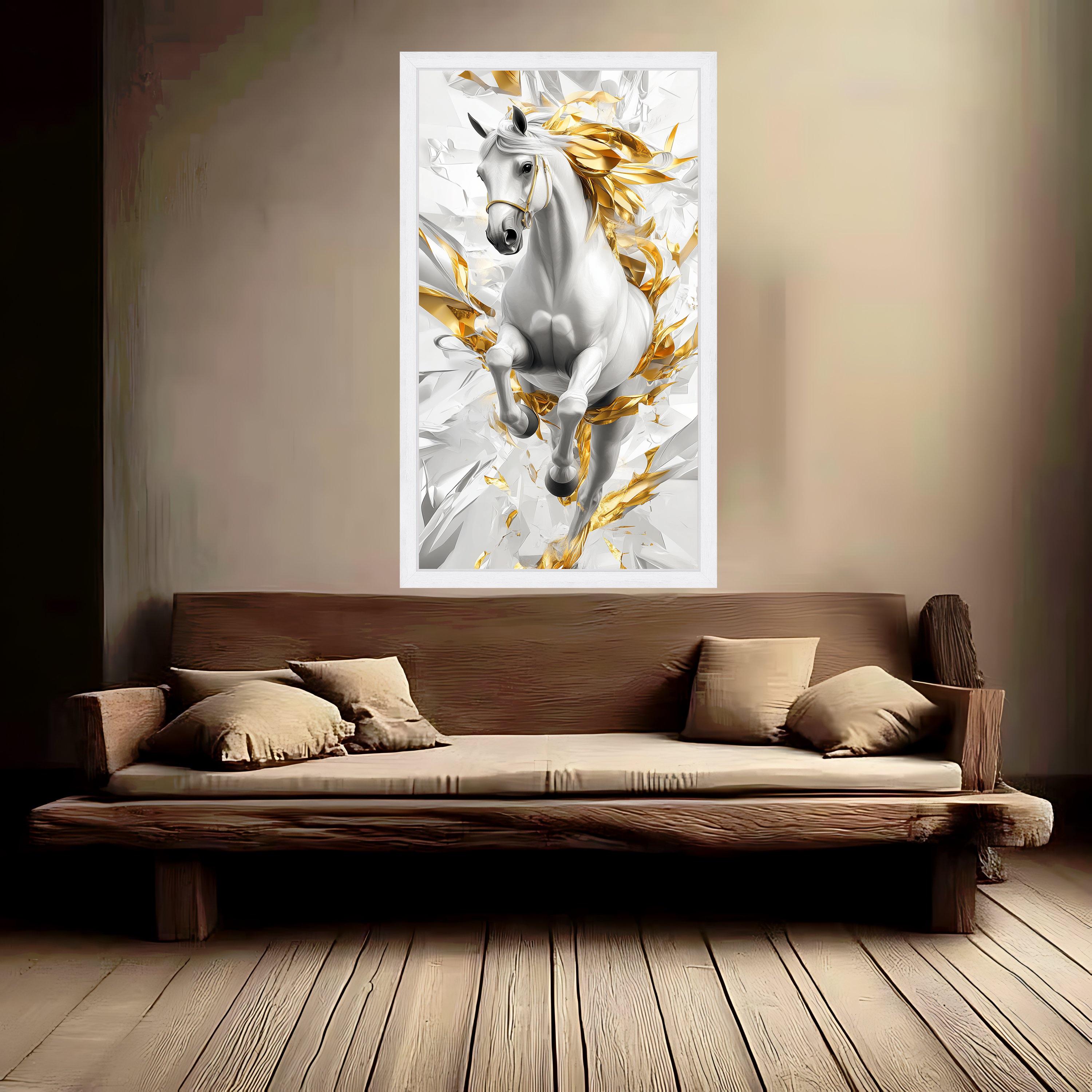 Majestic White Horse Canvas Wall Art, Abstract Gold Accents, Dynamic Equestrian Design, Modern Home Decor, Statement Canvas Print