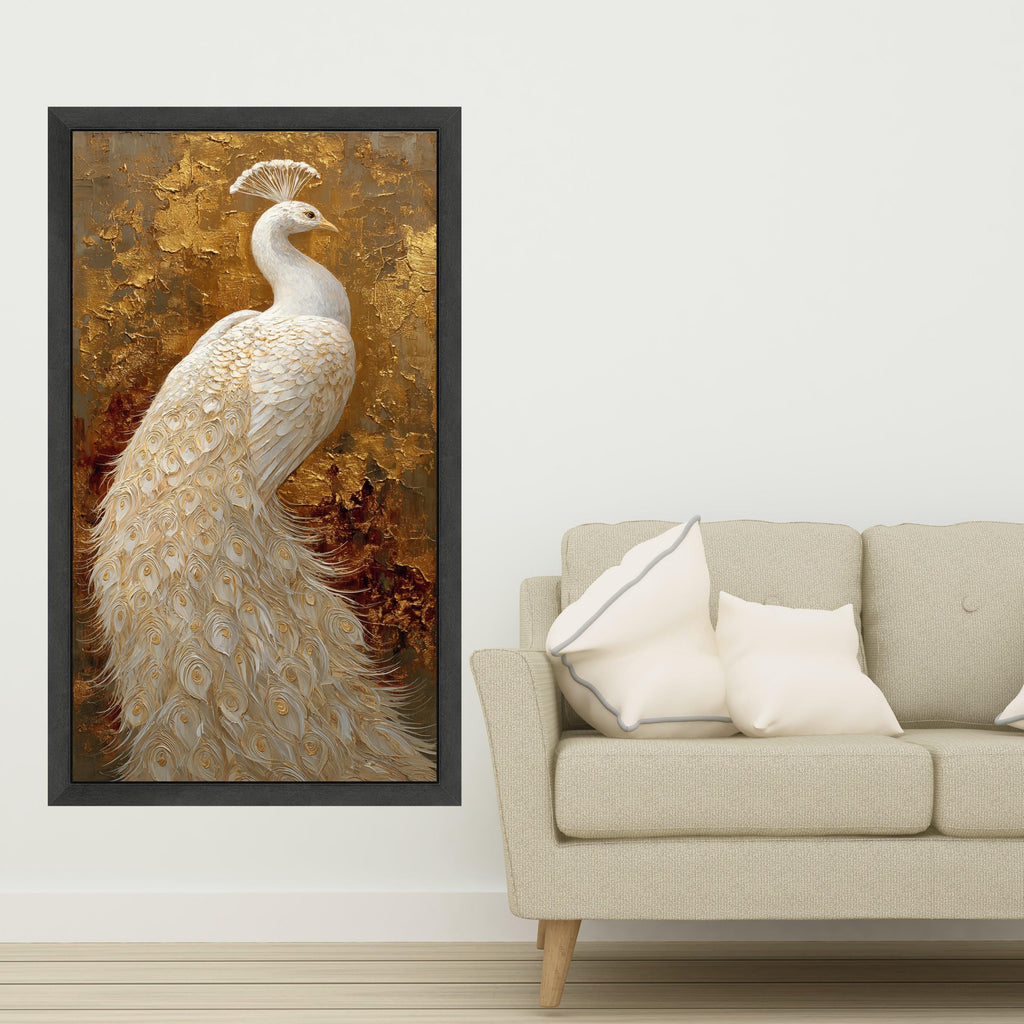 Elegant White Peacock Canvas Wall Art, Gold Background, Luxury Bird Painting, Ornate Feather Detail, Home Decor Accent, Ready to Hang