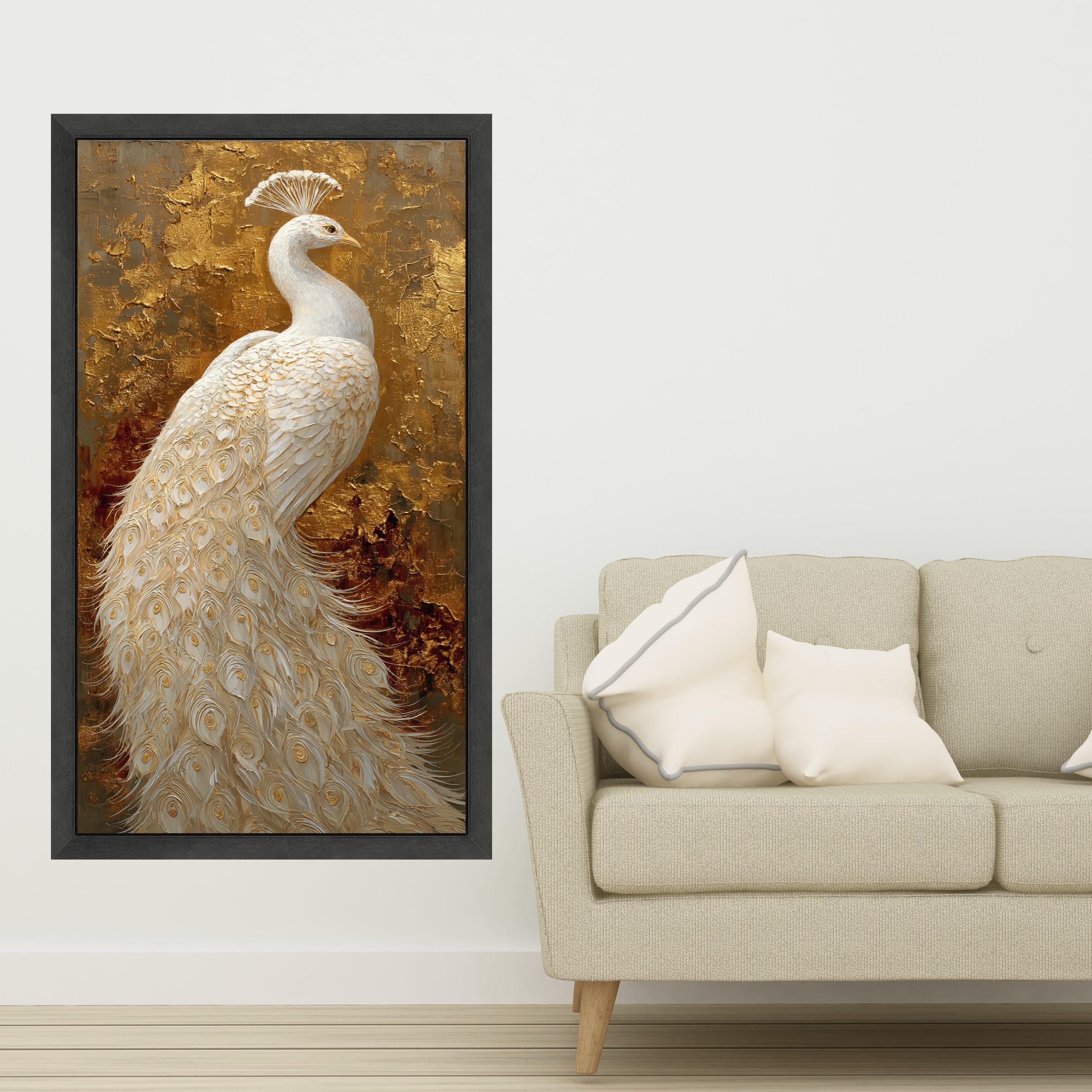 Elegant White Peacock Canvas Wall Art, Gold Background, Luxury Bird Painting, Ornate Feather Detail, Home Decor Accent, Ready to Hang