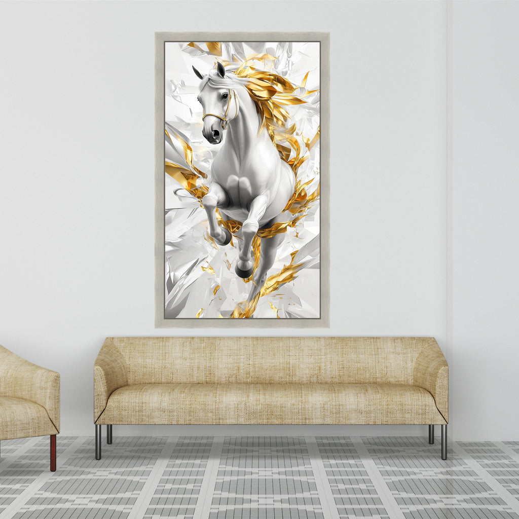 Majestic White Horse Canvas Wall Art, Abstract Gold Accents, Dynamic Equestrian Design, Modern Home Decor, Statement Canvas Print