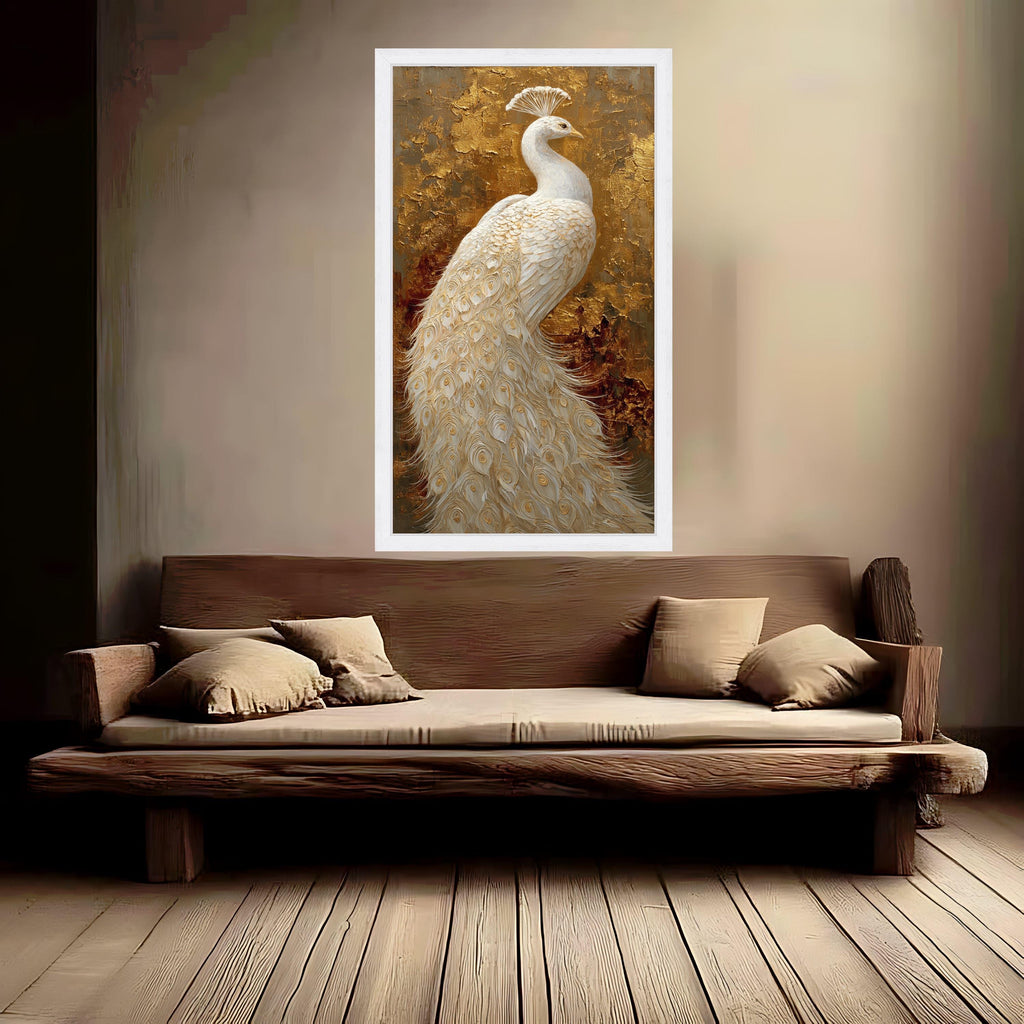 Elegant White Peacock Canvas Wall Art, Gold Background, Luxury Bird Painting, Ornate Feather Detail, Home Decor Accent, Ready to Hang