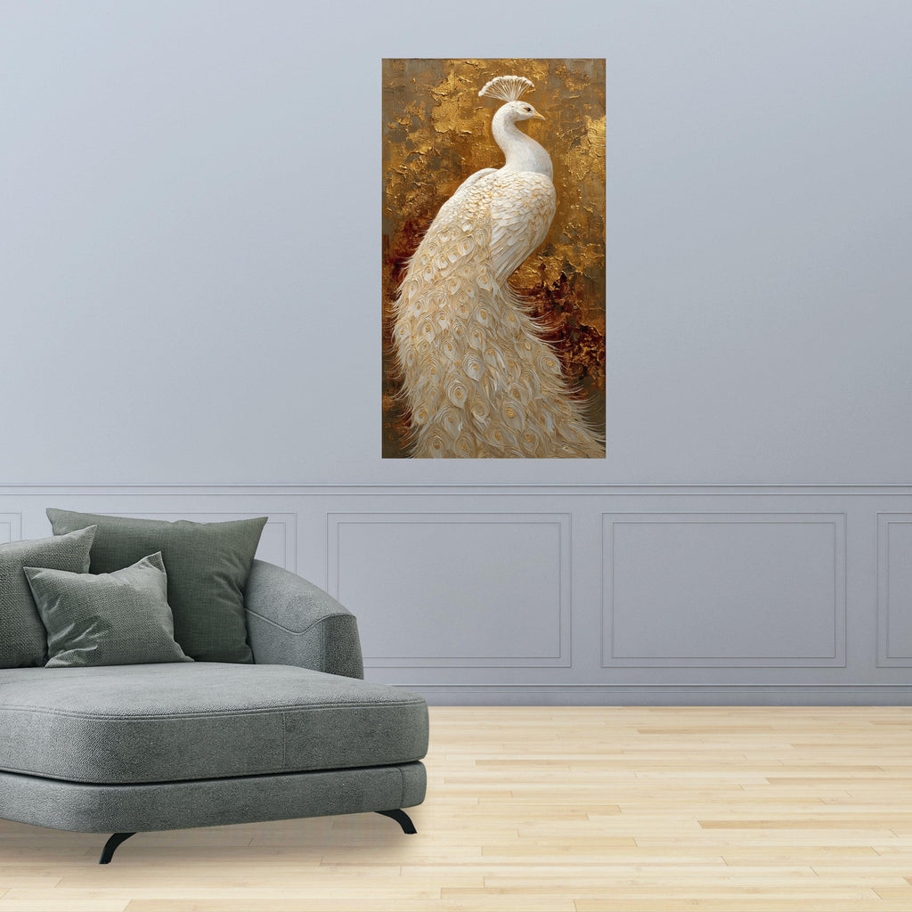 Elegant White Peacock Canvas Wall Art, Gold Background, Luxury Bird Painting, Ornate Feather Detail, Home Decor Accent, Ready to Hang