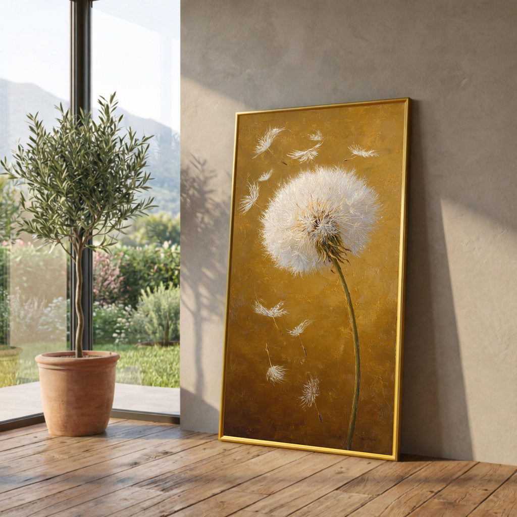 White Dandelion Seeds Canvas Wall Art, Modern Floral Painting, Nature Botanical Artwork, Yellow Background, Home Decoration