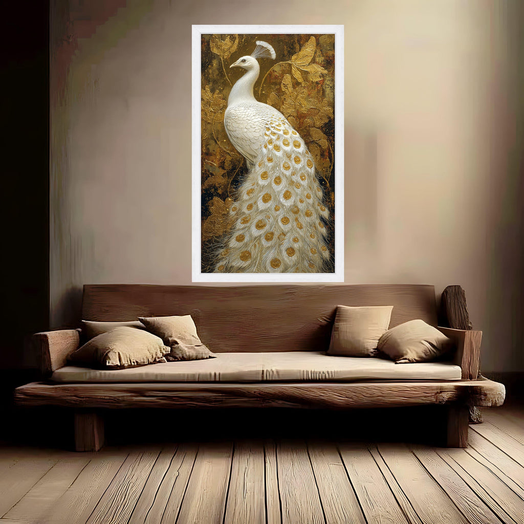 Elegant White Peacock Canvas Wall Art, Golden Feather Detail, Luxury Bird Painting, Nature Canvas, Ornate Home Decoration