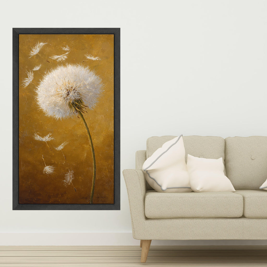 White Dandelion Seeds Canvas Wall Art, Modern Floral Painting, Nature Botanical Artwork, Yellow Background, Home Decoration