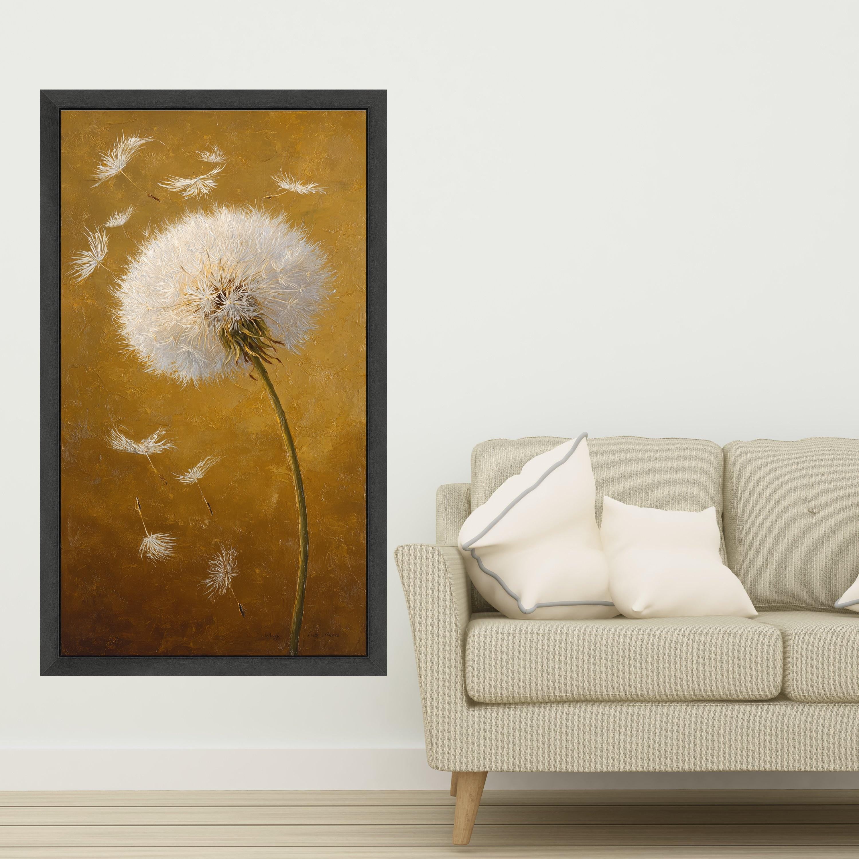 White Dandelion Seeds Canvas Wall Art, Modern Floral Painting, Nature Botanical Artwork, Yellow Background, Home Decoration