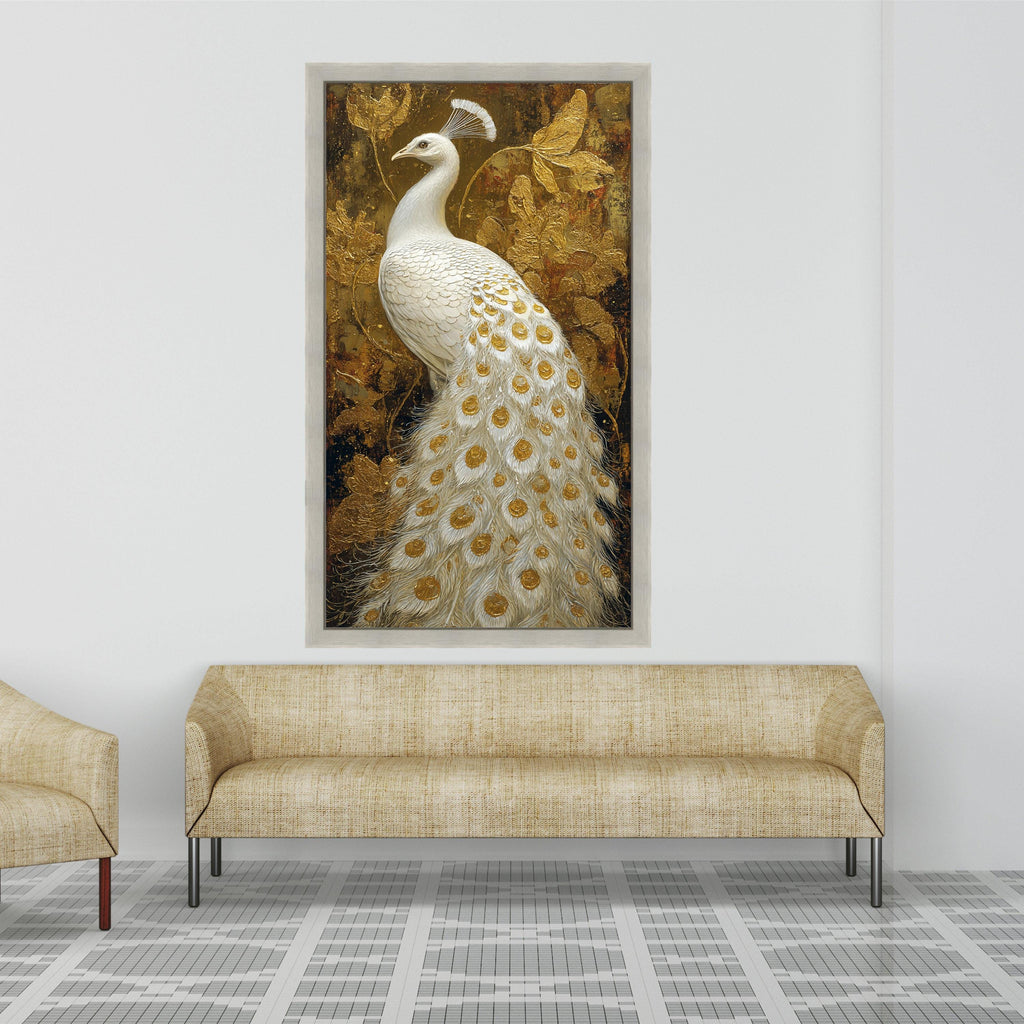 Elegant White Peacock Canvas Wall Art, Golden Feather Detail, Luxury Bird Painting, Nature Canvas, Ornate Home Decoration