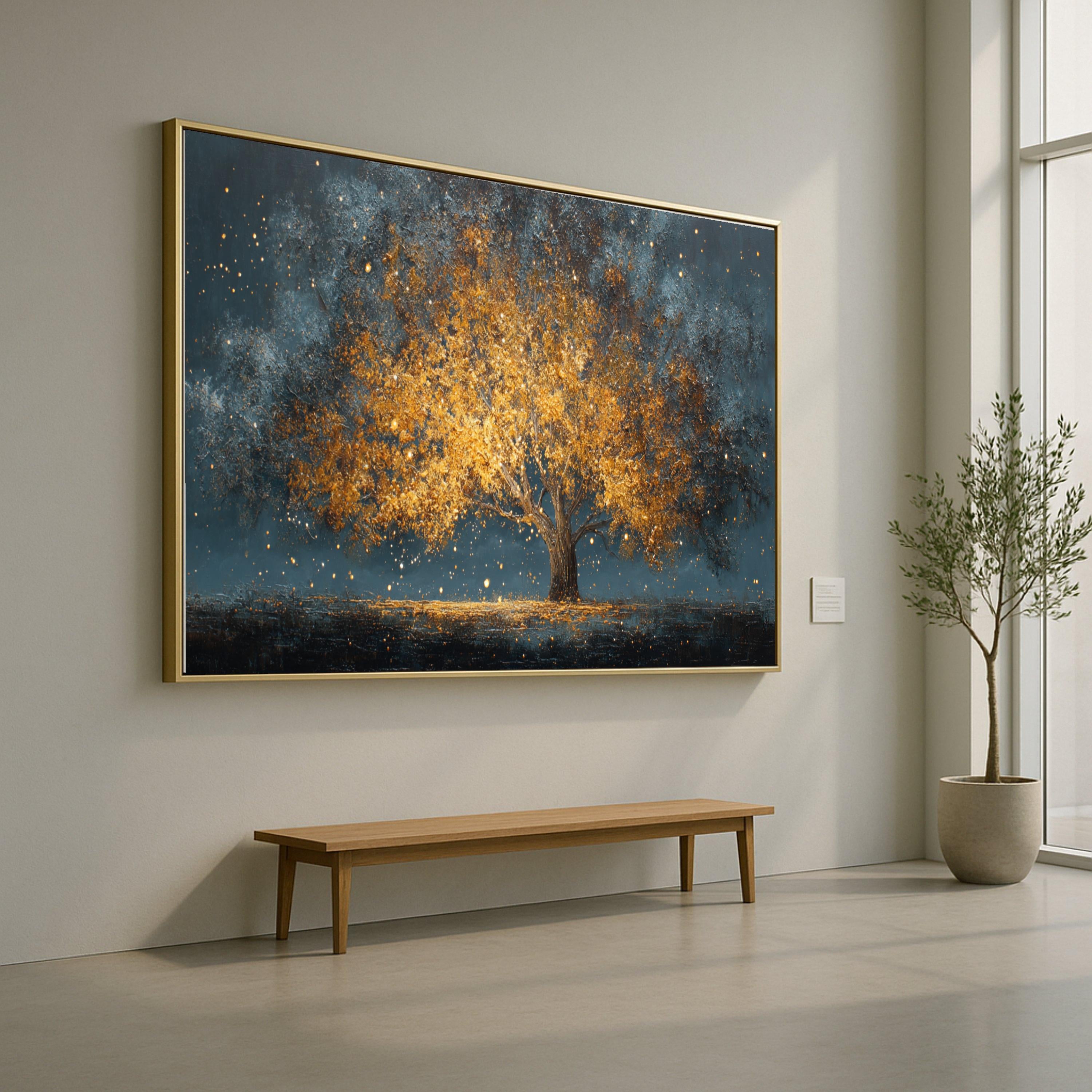 Golden Autumn Tree Canvas Wall Art, Illuminated Tree Landscape, Abstract Nature Scene, Warm Glow Wall Decor, Modern Home Decoration