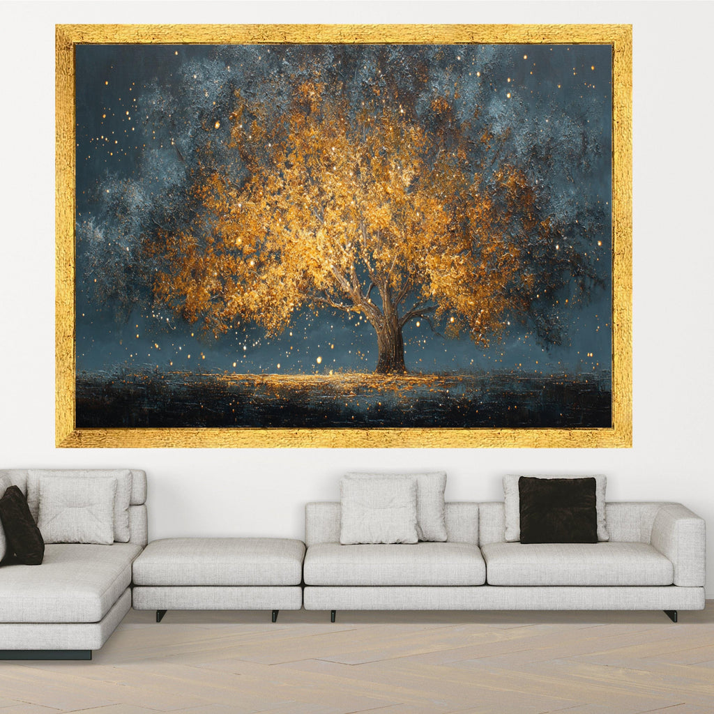 Golden Autumn Tree Canvas Wall Art, Illuminated Tree Landscape, Abstract Nature Scene, Warm Glow Wall Decor, Modern Home Decoration