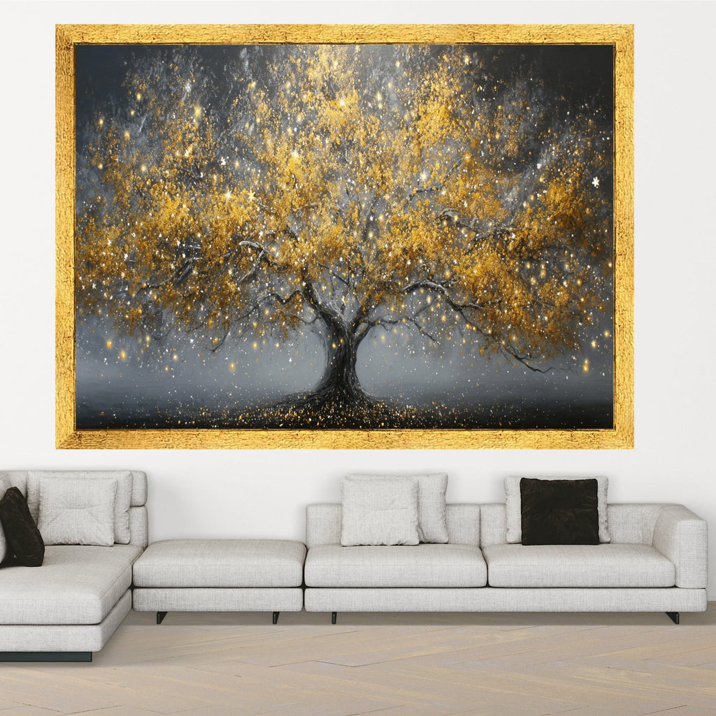 Golden Fantasy Tree Canvas, Abstract Nature Wall Art, Illuminated Leaves Canvas, Sparkling Tree Decoration, Modern Living Room Art