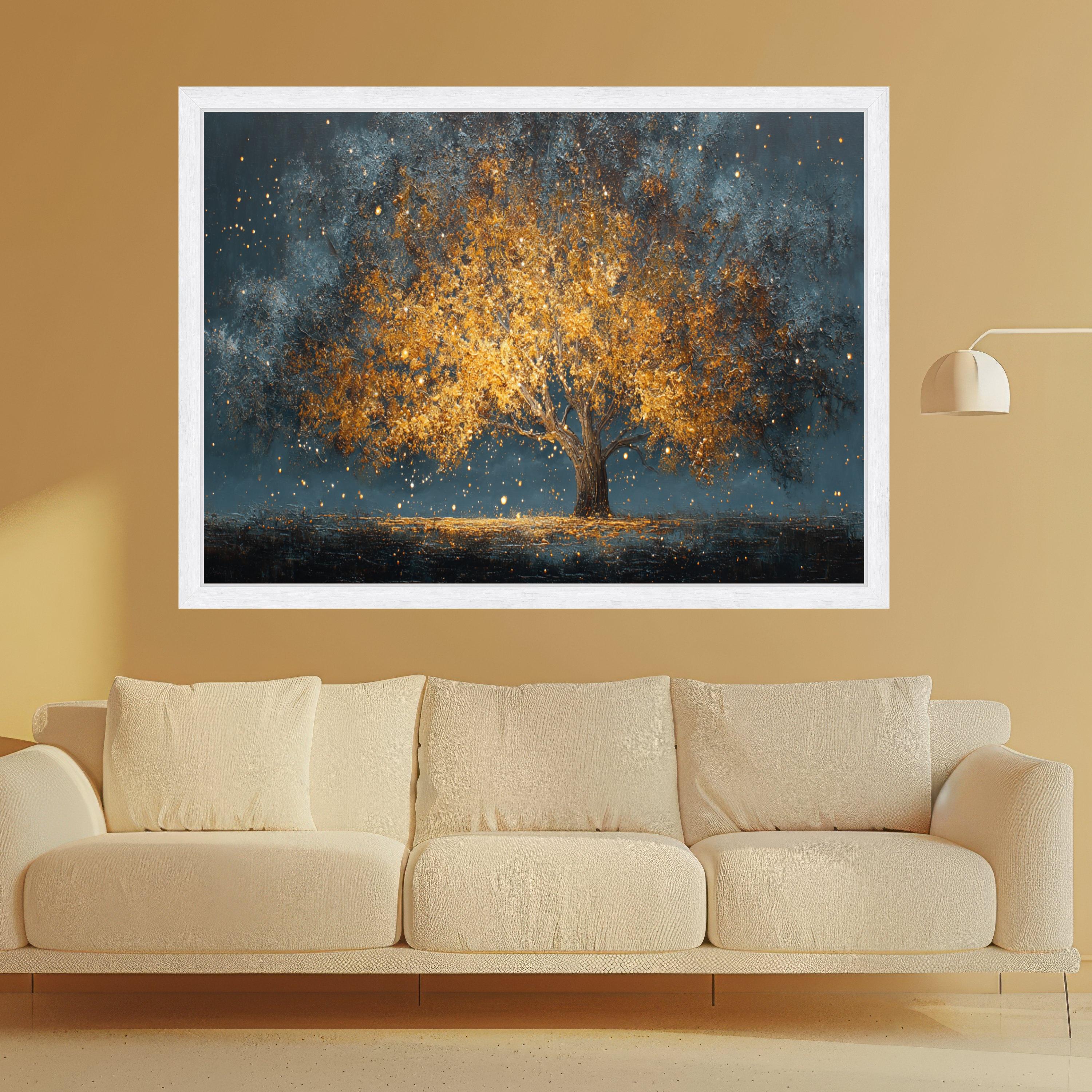 Golden Autumn Tree Canvas Wall Art, Illuminated Tree Landscape, Abstract Nature Scene, Warm Glow Wall Decor, Modern Home Decoration