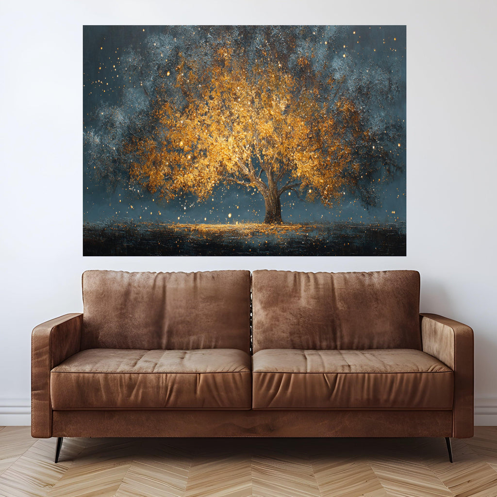 Golden Autumn Tree Canvas Wall Art, Illuminated Tree Landscape, Abstract Nature Scene, Warm Glow Wall Decor, Modern Home Decoration