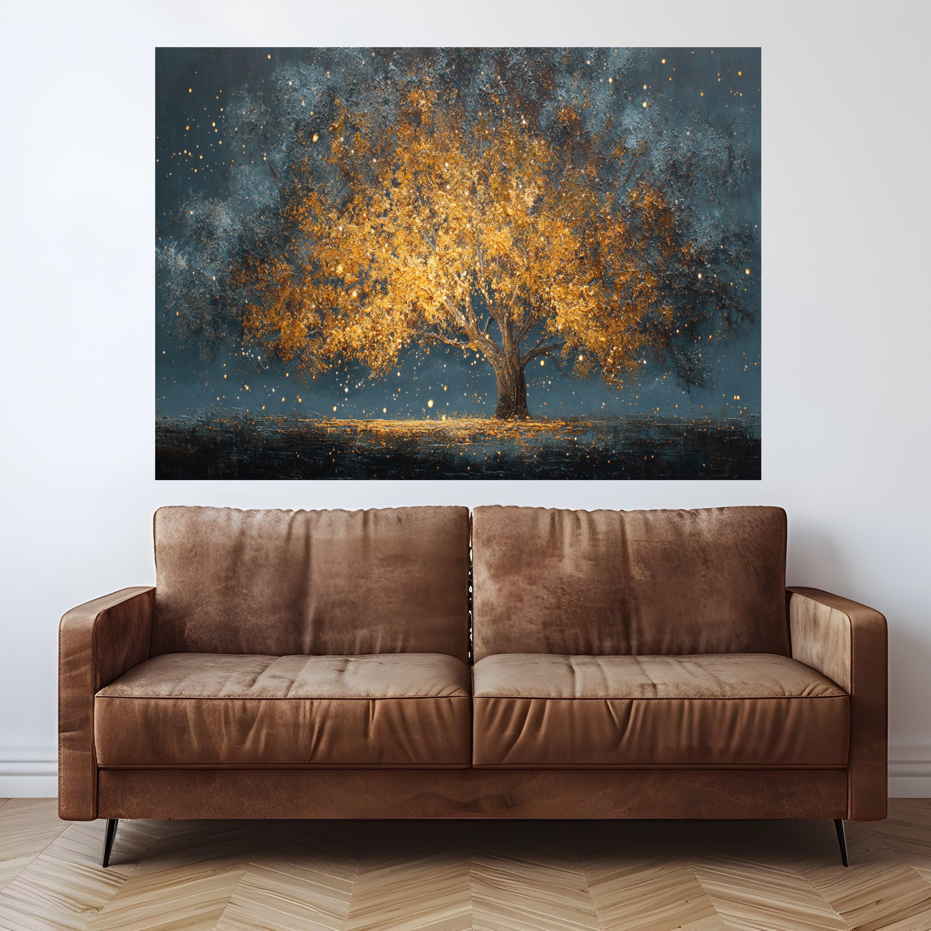 Golden Autumn Tree Canvas Wall Art, Illuminated Tree Landscape, Abstract Nature Scene, Warm Glow Wall Decor, Modern Home Decoration