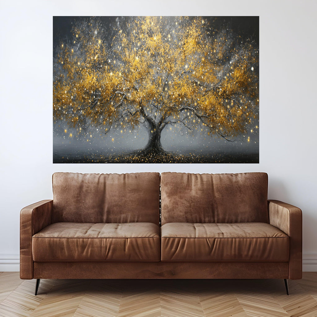 Golden Fantasy Tree Canvas, Abstract Nature Wall Art, Illuminated Leaves Canvas, Sparkling Tree Decoration, Modern Living Room Art