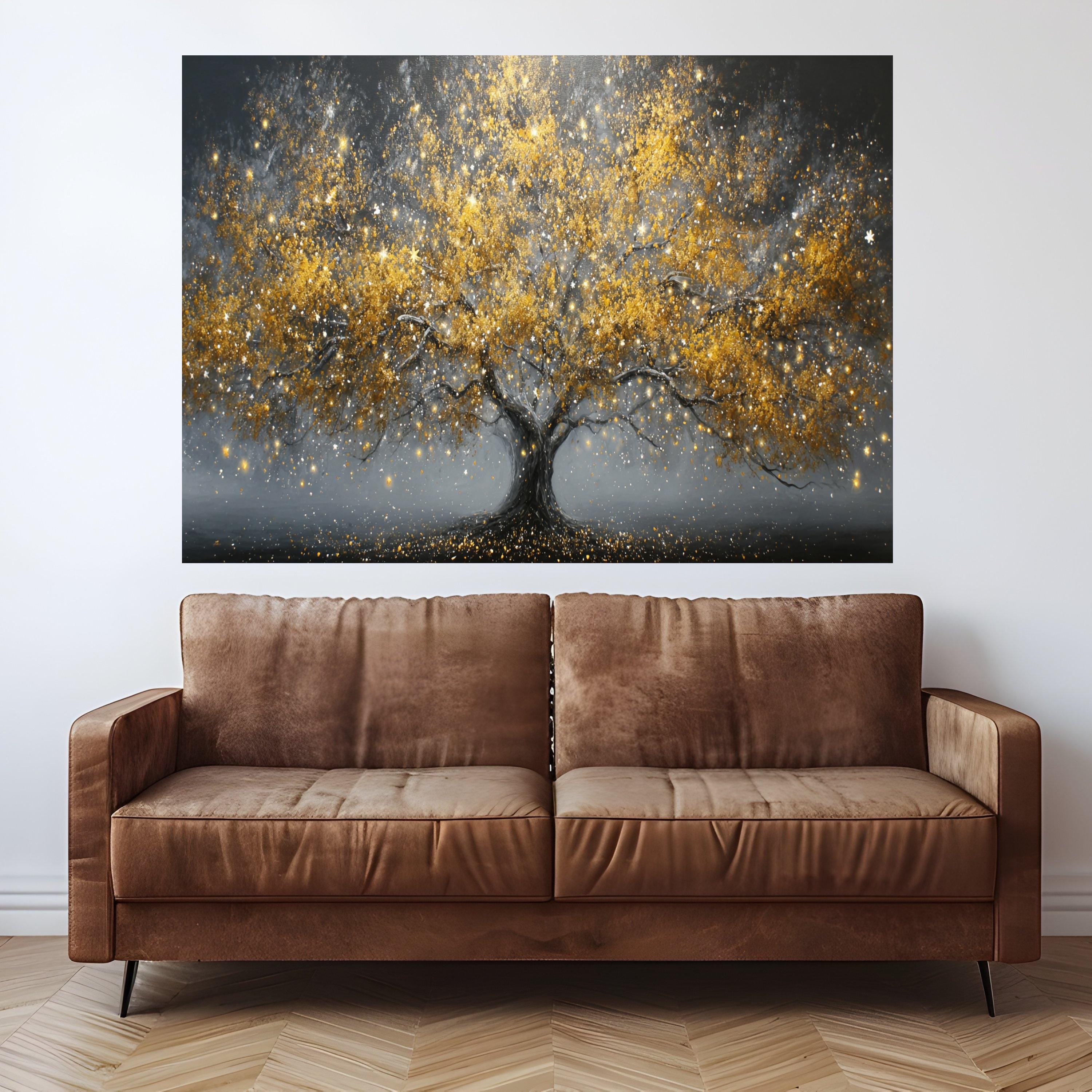 Golden Fantasy Tree Canvas, Abstract Nature Wall Art, Illuminated Leaves Canvas, Sparkling Tree Decoration, Modern Living Room Art