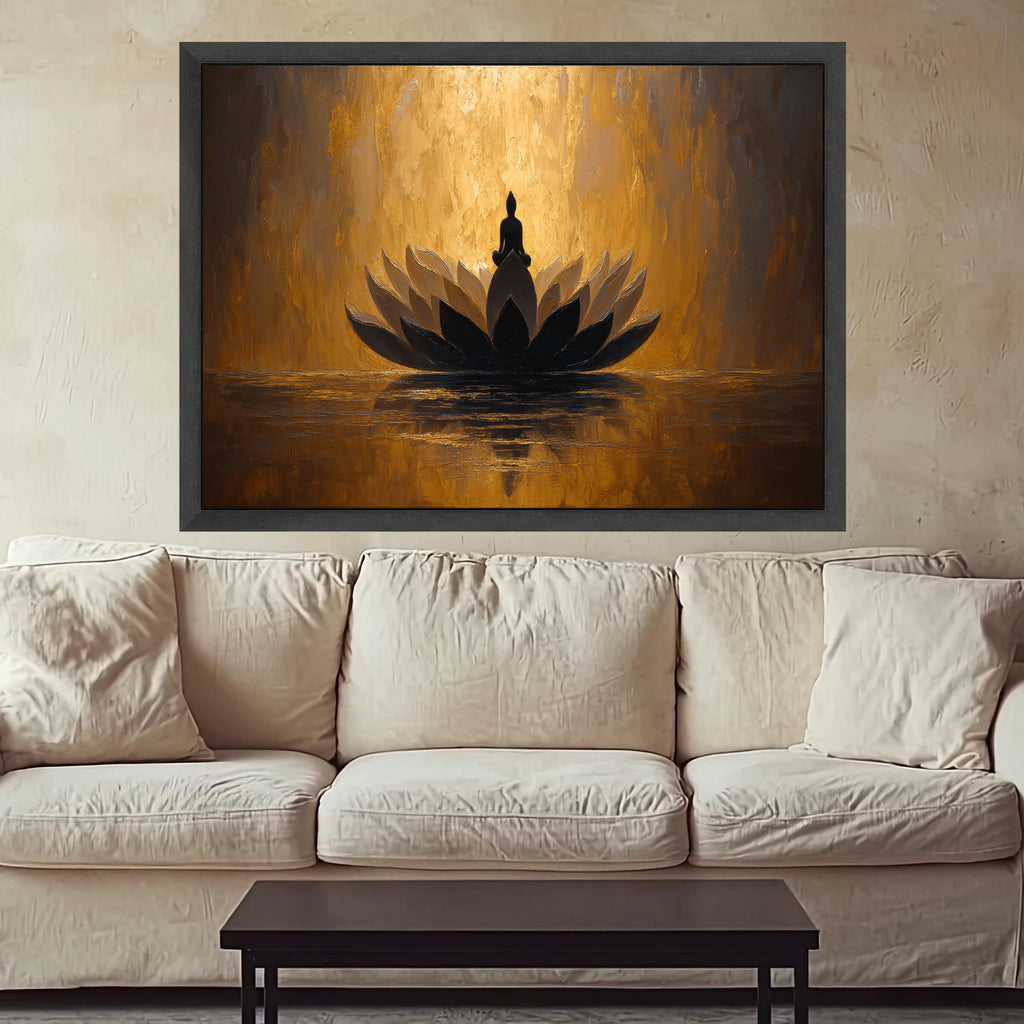 Meditative Buddha on Lotus Flower Canvas, Spiritual Wall Art, Golden Abstract Painting, Zen Home Decor, Mindfulness Canvas Art, Peaceful