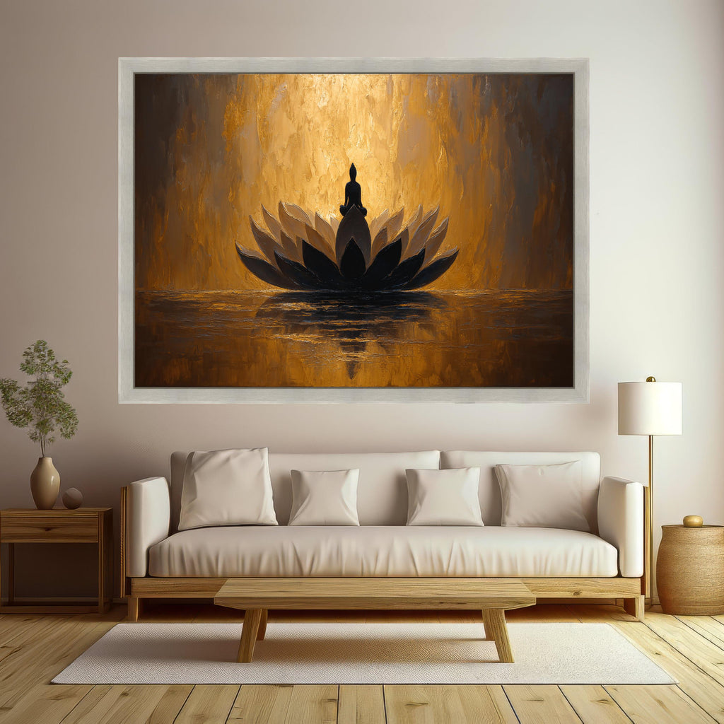 Meditative Buddha on Lotus Flower Canvas, Spiritual Wall Art, Golden Abstract Painting, Zen Home Decor, Mindfulness Canvas Art, Peaceful