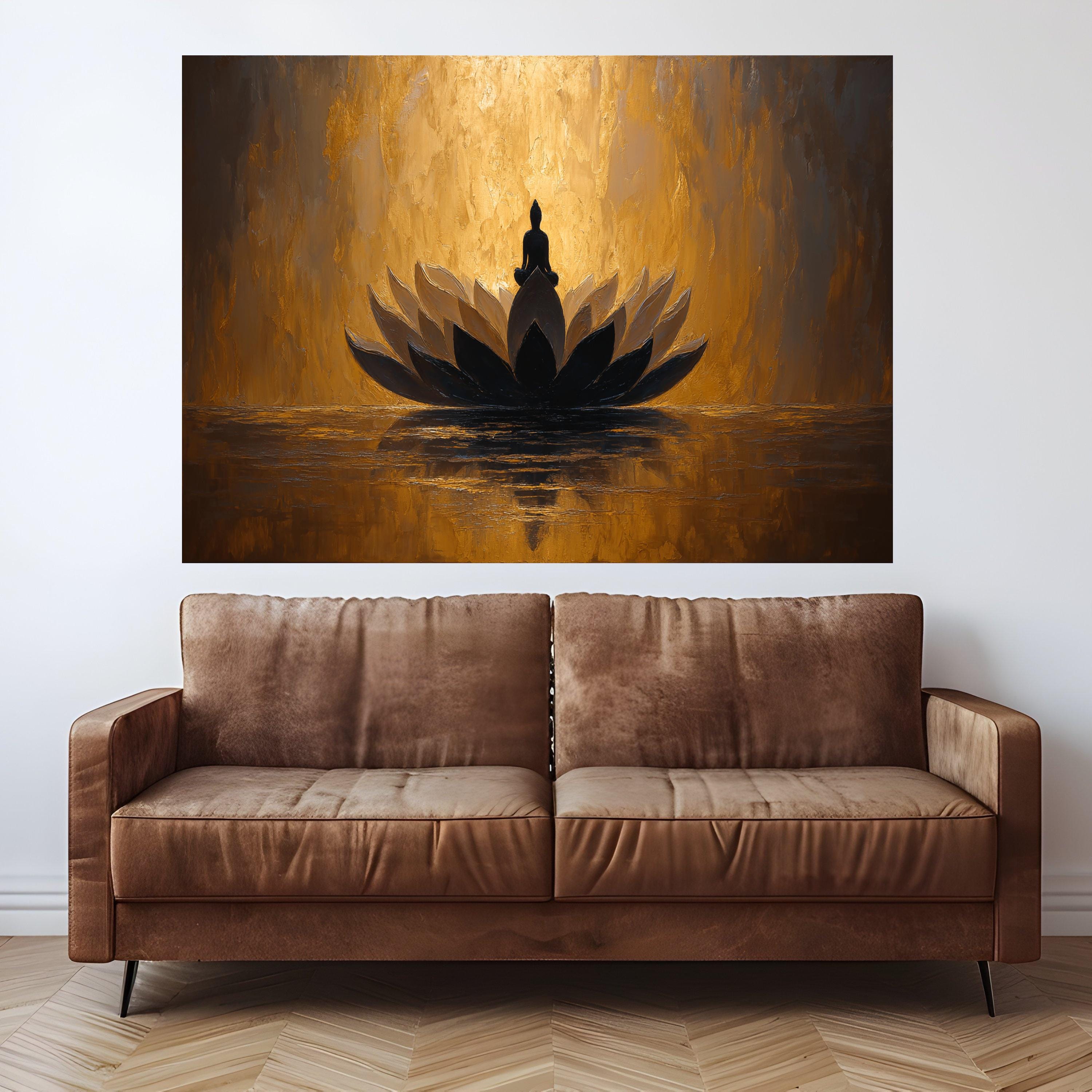 Meditative Buddha on Lotus Flower Canvas, Spiritual Wall Art, Golden Abstract Painting, Zen Home Decor, Mindfulness Canvas Art, Peaceful