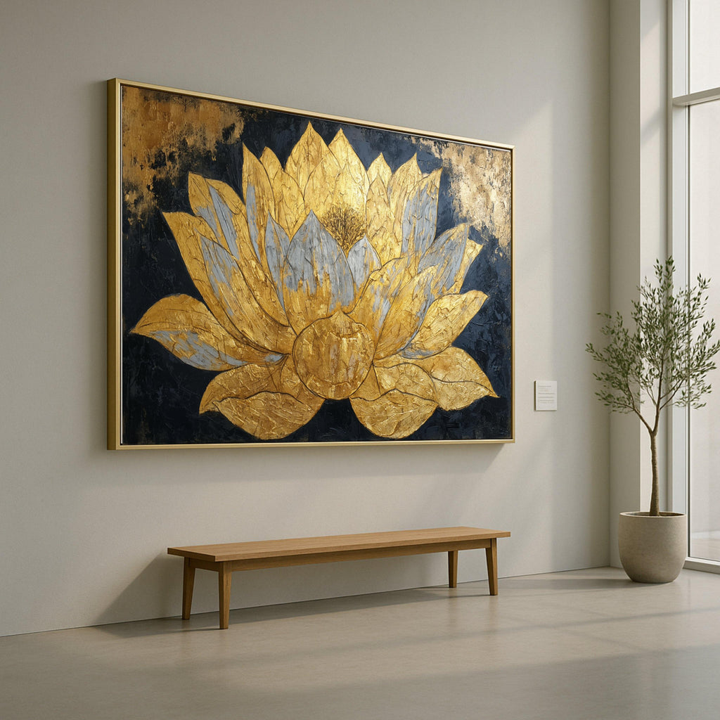 Golden Lotus Flower Canvas Wall Art, Metallic Floral Painting, Elegant Home Décor, Modern Abstract Botanical Canvas