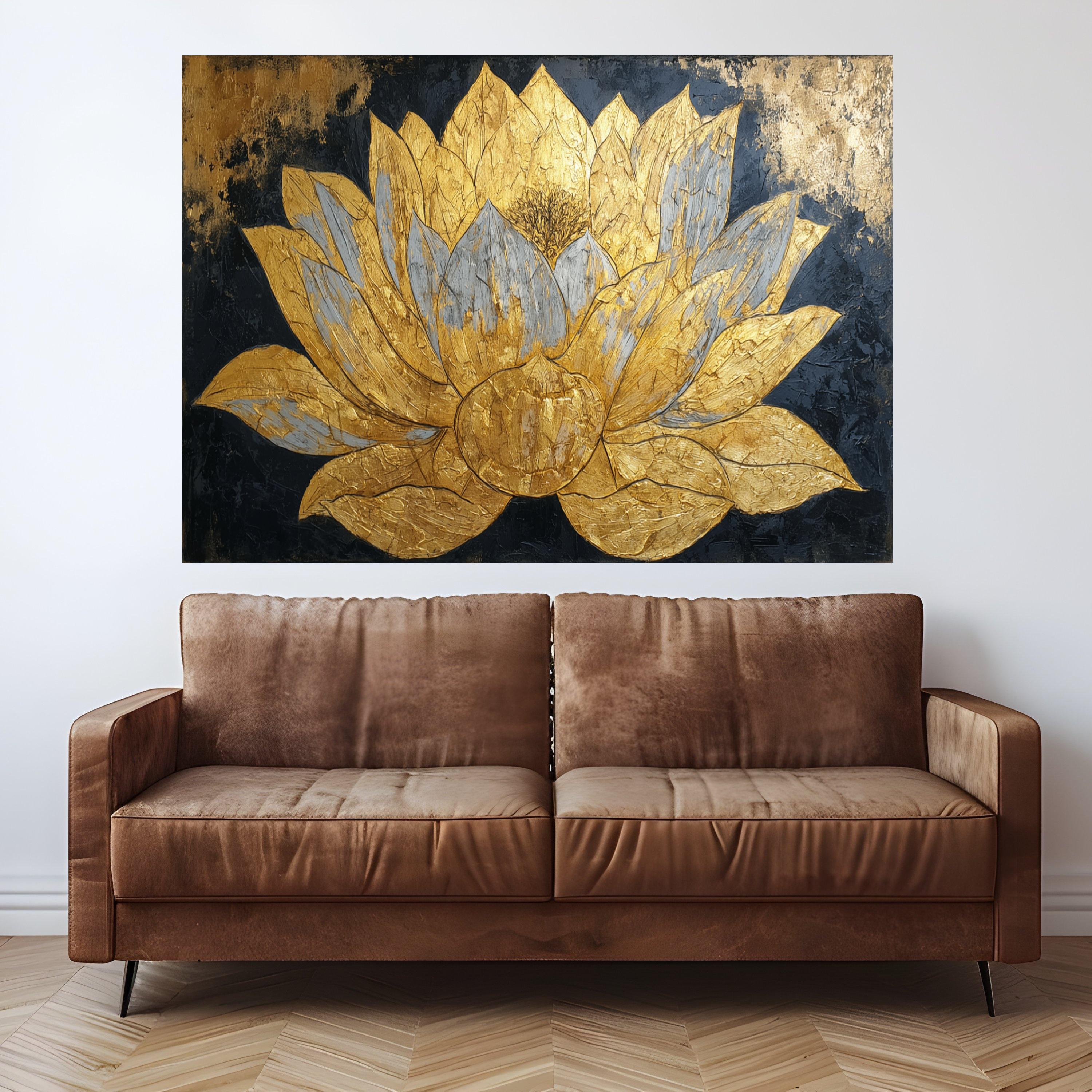 Golden Lotus Flower Canvas Wall Art, Metallic Floral Painting, Elegant Home Décor, Modern Abstract Botanical Canvas