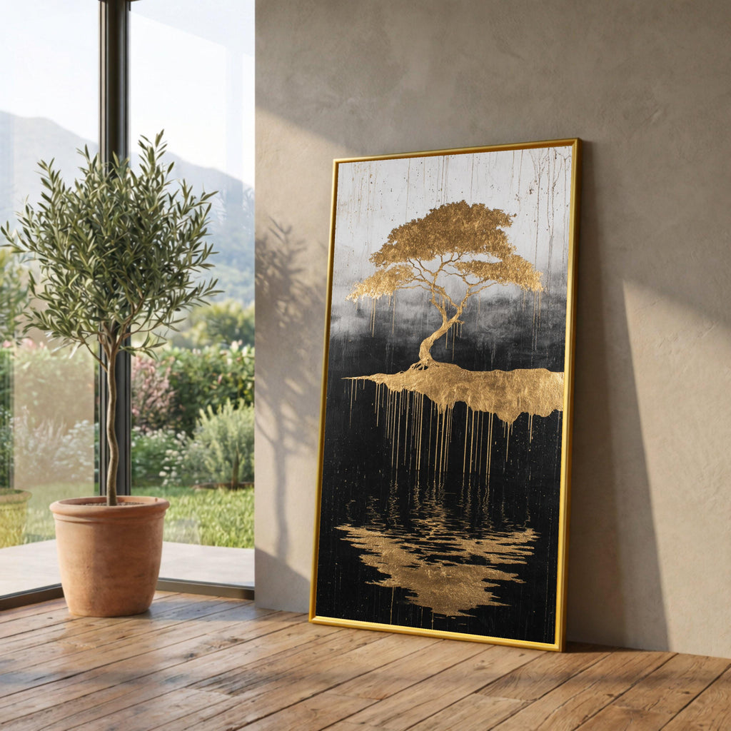 Golden Tree of Life, Abstract Floating Island Canvas, Metallic Gold Wall Art, Reflective Nature Design, Modern Home Decoration