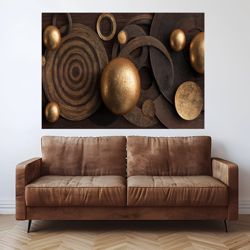 Modern Metallic Circles Canvas Wall Art, Abstract Gold and Bronze Sphere Decoration, Geometric Canvas for Living Room
