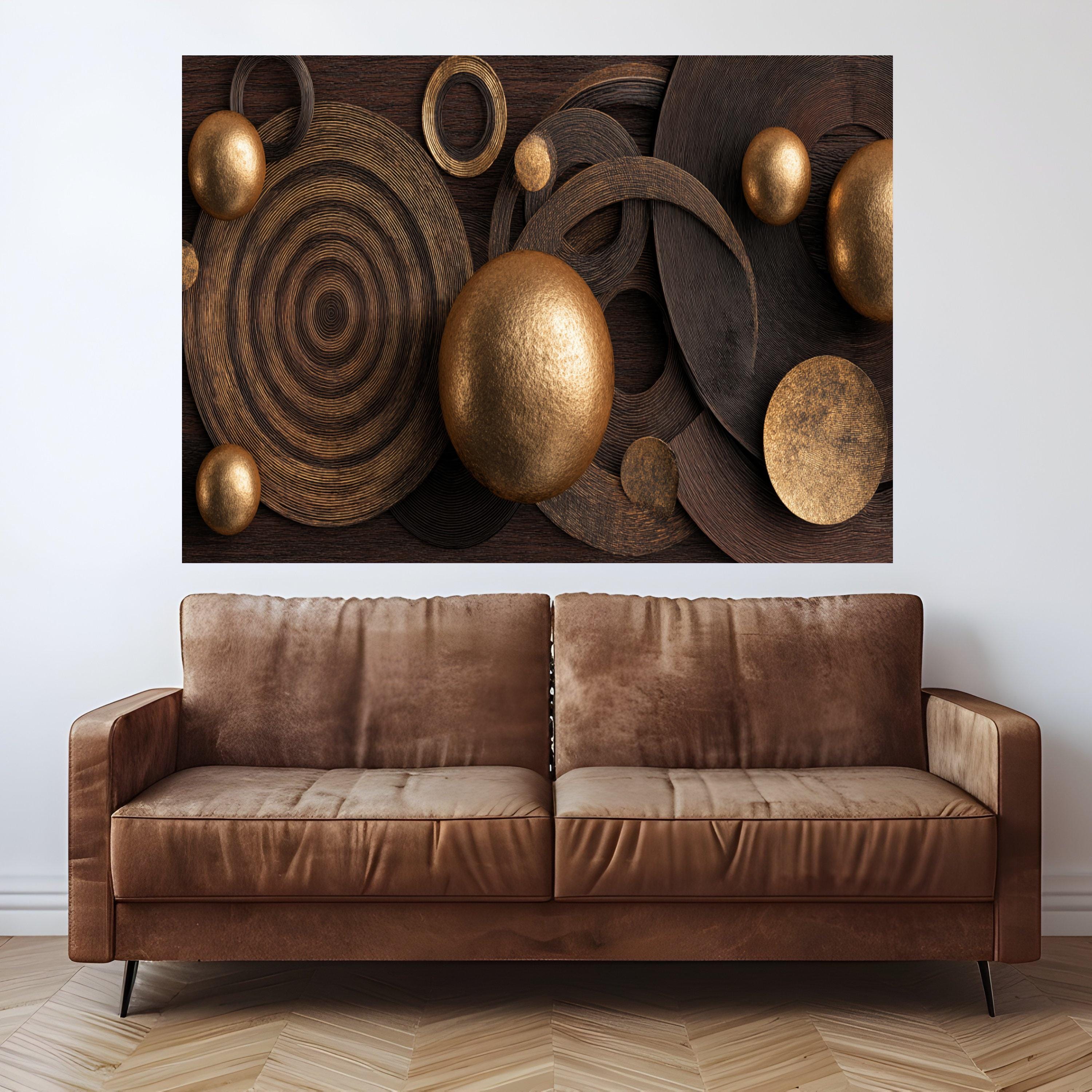Modern Metallic Circles Canvas Wall Art, Abstract Gold and Bronze Sphere Decoration, Geometric Canvas for Living Room
