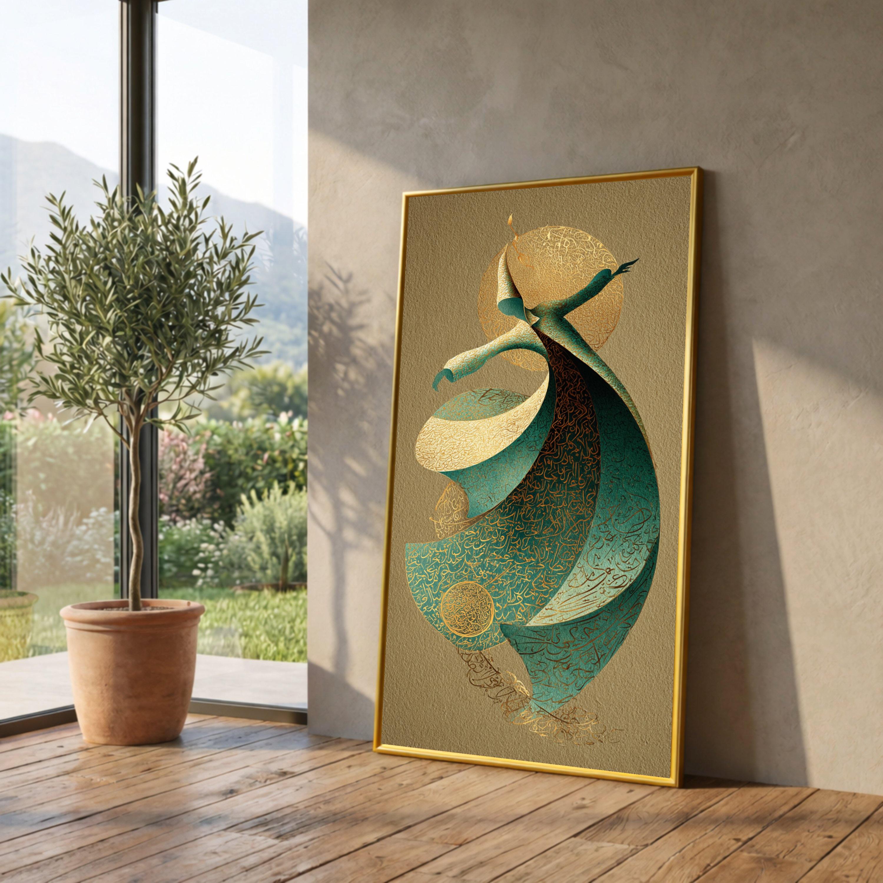 Whirling Dervish Dance Canvas, Spiritual Sufi Art, Middle Eastern Calligraphy Wall Art, Mystical Movement Canvas, Cultural Home Décor