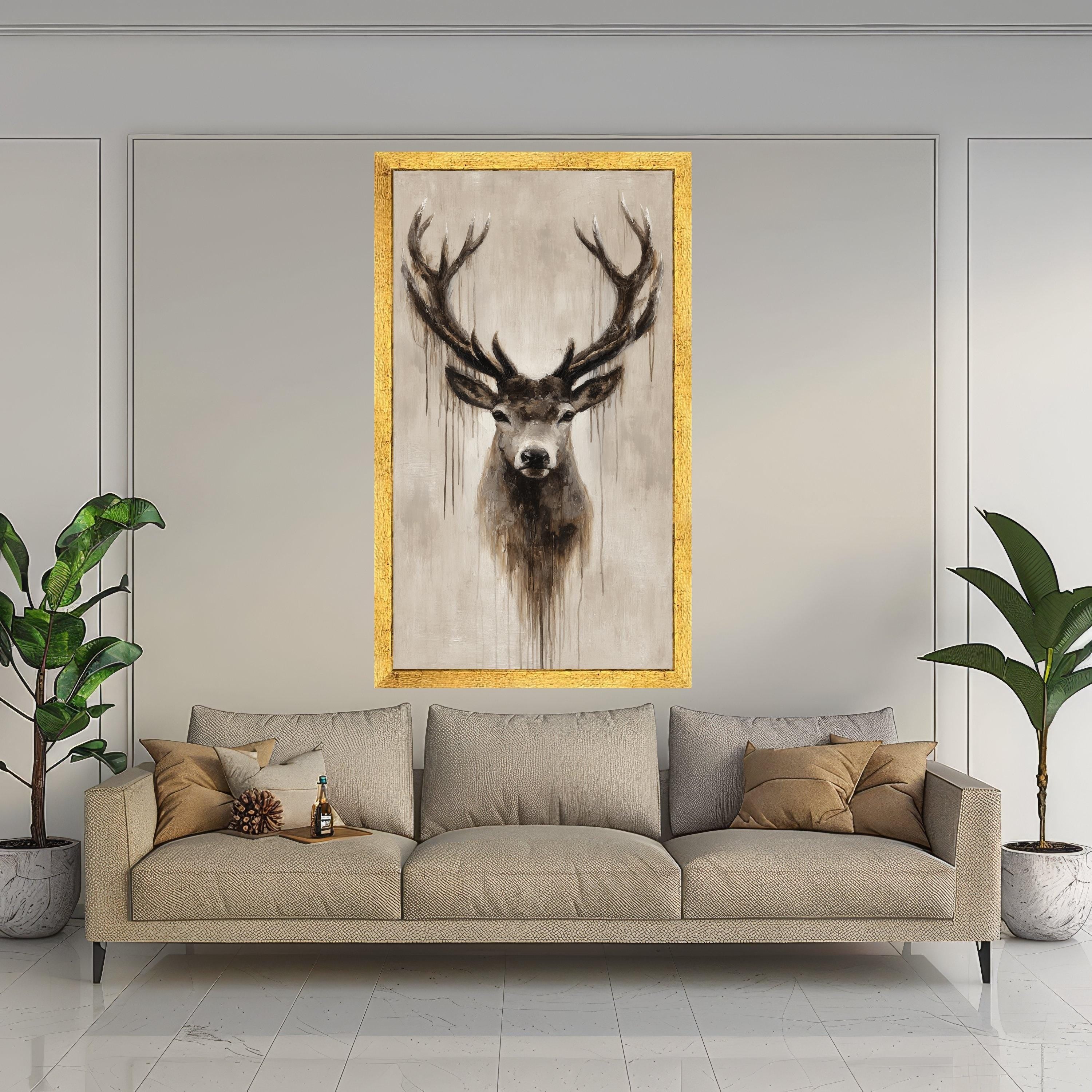 Majestic Deer Portrait Canvas, Rustic Wildlife Wall Art, Brown Antlers Painting, Nature Decor, Contemporary Animal Canvas, Ready to Hang