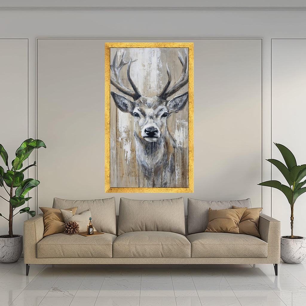 Rustic Deer Head Canvas Wall Art, Woodland Animal Painting, Neutral Tones Wildlife Canvas, Farmhouse Rustic Home Decor, Ready to Hang