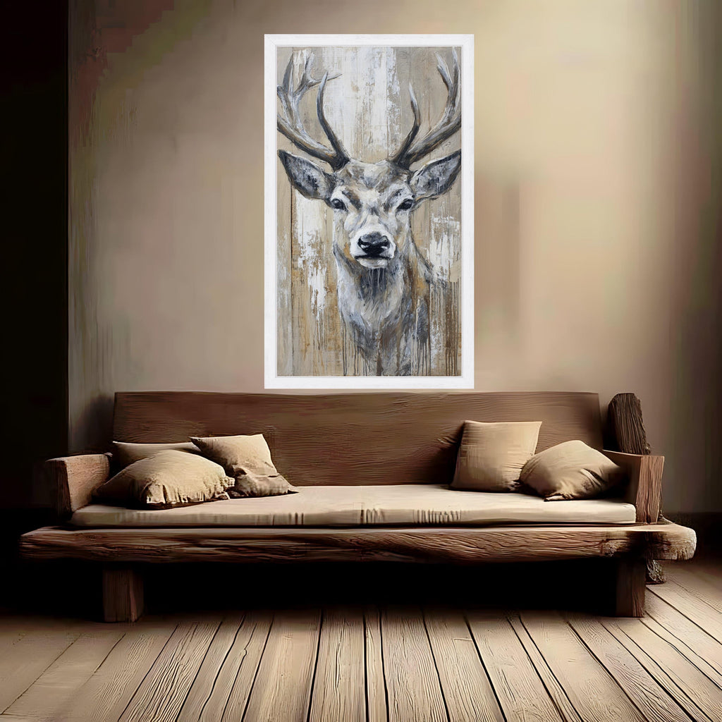 Rustic Deer Head Canvas Wall Art, Woodland Animal Painting, Neutral Tones Wildlife Canvas, Farmhouse Rustic Home Decor, Ready to Hang