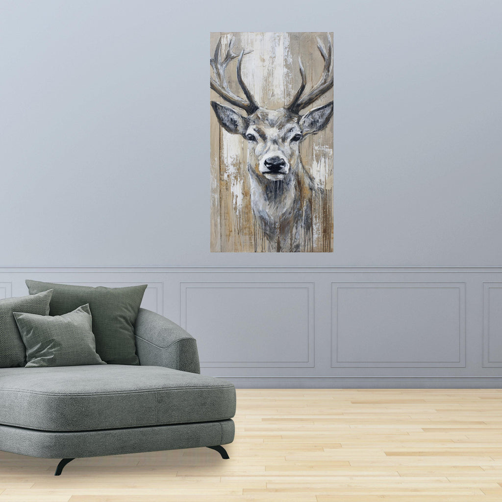 Rustic Deer Head Canvas Wall Art, Woodland Animal Painting, Neutral Tones Wildlife Canvas, Farmhouse Rustic Home Decor, Ready to Hang