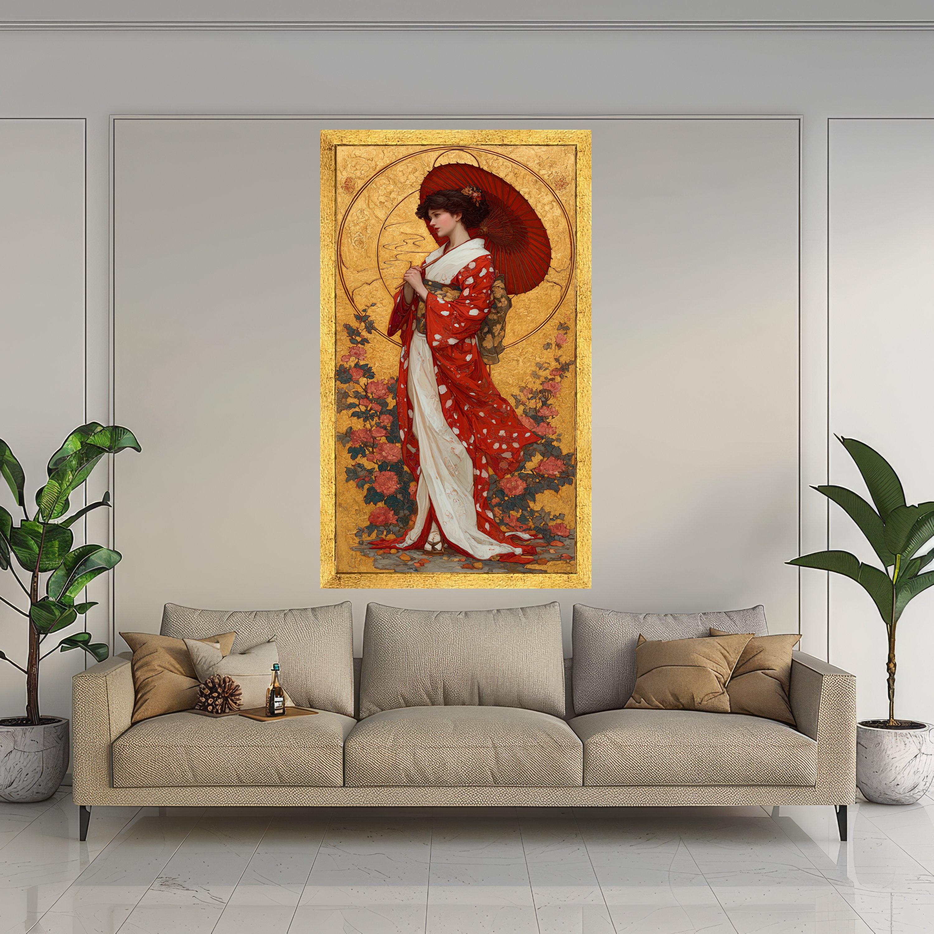 Elegant Geisha Woman Canvas, Red Kimono Art, Asian Cultural Wall Decor, Traditional Japanese Portrait, Floral Background Canvas