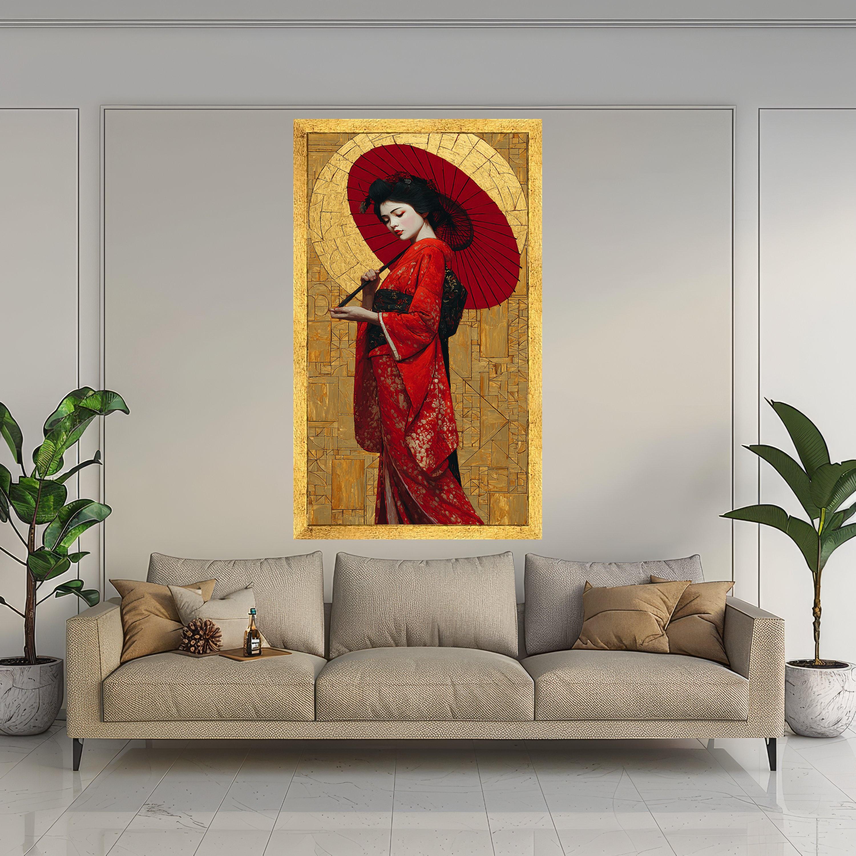 Elegant Geisha in Red Kimono Canvas, Traditional Japanese Art, Asian Woman with Parasol, Cultural Wall Décor, Oriental Canvas Painting