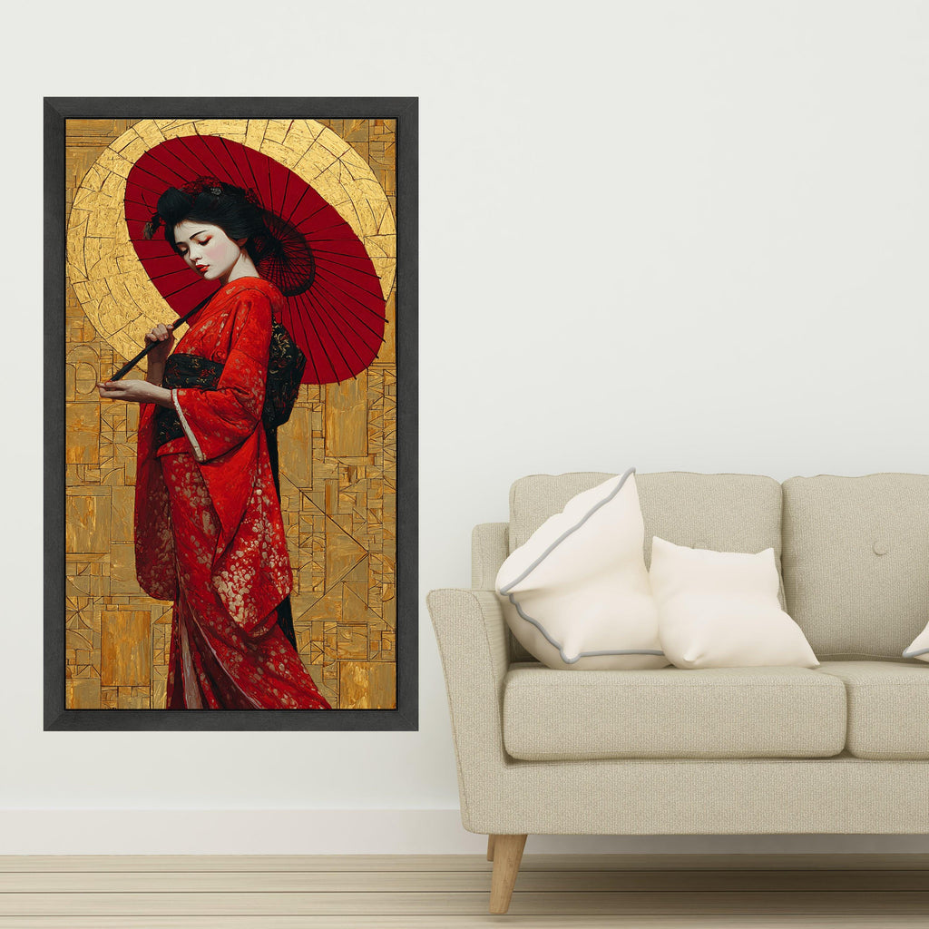 Elegant Geisha in Red Kimono Canvas, Traditional Japanese Art, Asian Woman with Parasol, Cultural Wall Décor, Oriental Canvas Painting