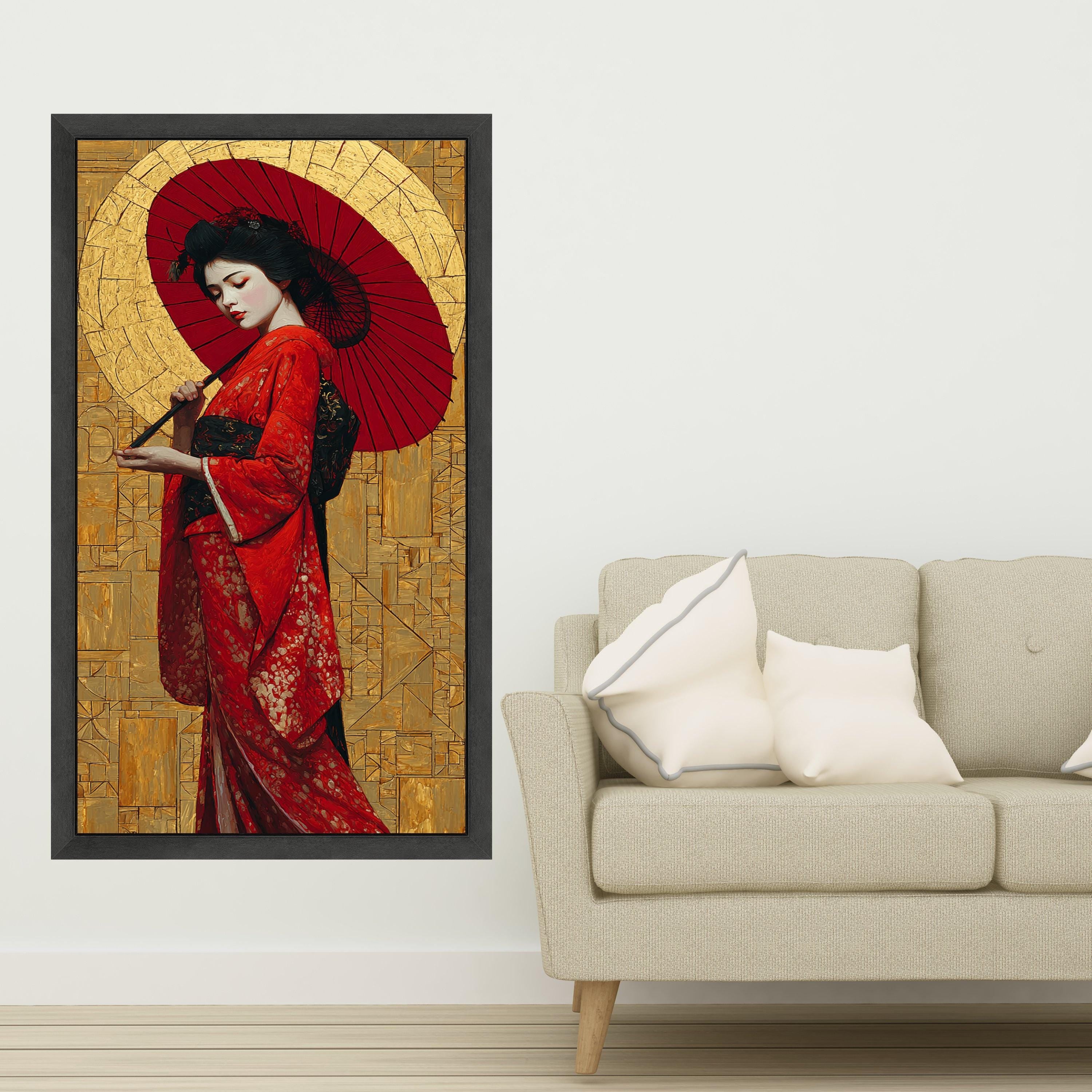Elegant Geisha in Red Kimono Canvas, Traditional Japanese Art, Asian Woman with Parasol, Cultural Wall Décor, Oriental Canvas Painting