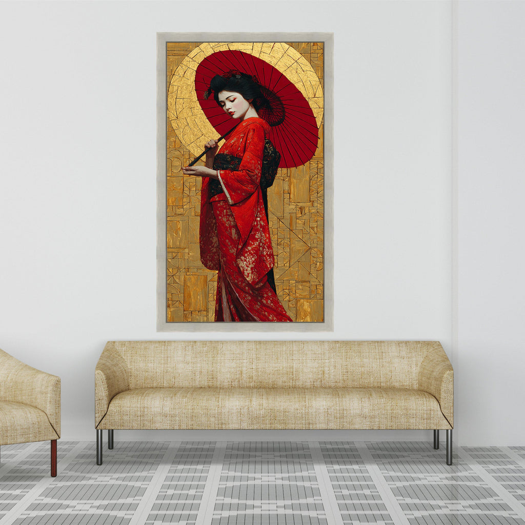 Elegant Geisha in Red Kimono Canvas, Traditional Japanese Art, Asian Woman with Parasol, Cultural Wall Décor, Oriental Canvas Painting
