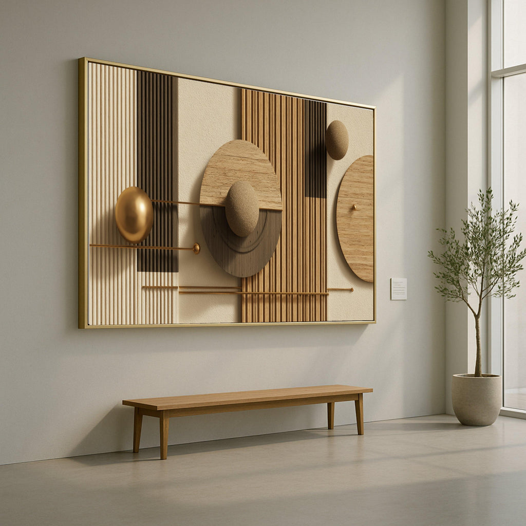 Modern Geometric Wood Canvas, Abstract Wall Art, Spheres and Lines, Neutral Earth Tone Home Decor, Ready to Hang Artwork