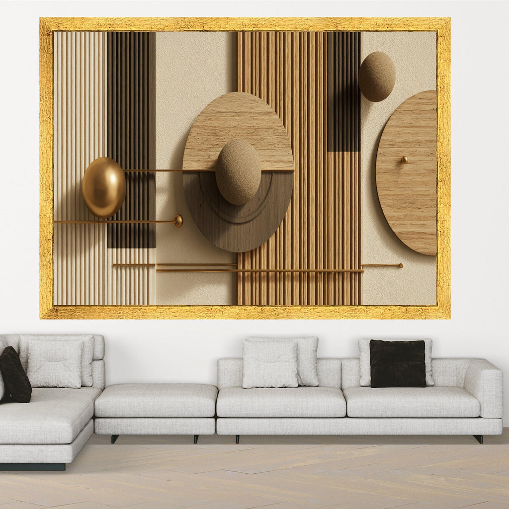 Modern Geometric Wood Canvas, Abstract Wall Art, Spheres and Lines, Neutral Earth Tone Home Decor, Ready to Hang Artwork