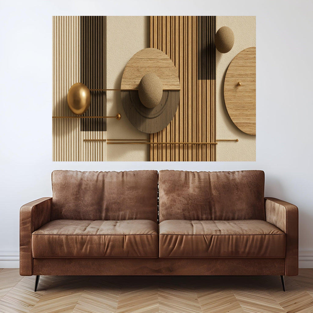 Modern Geometric Wood Canvas, Abstract Wall Art, Spheres and Lines, Neutral Earth Tone Home Decor, Ready to Hang Artwork