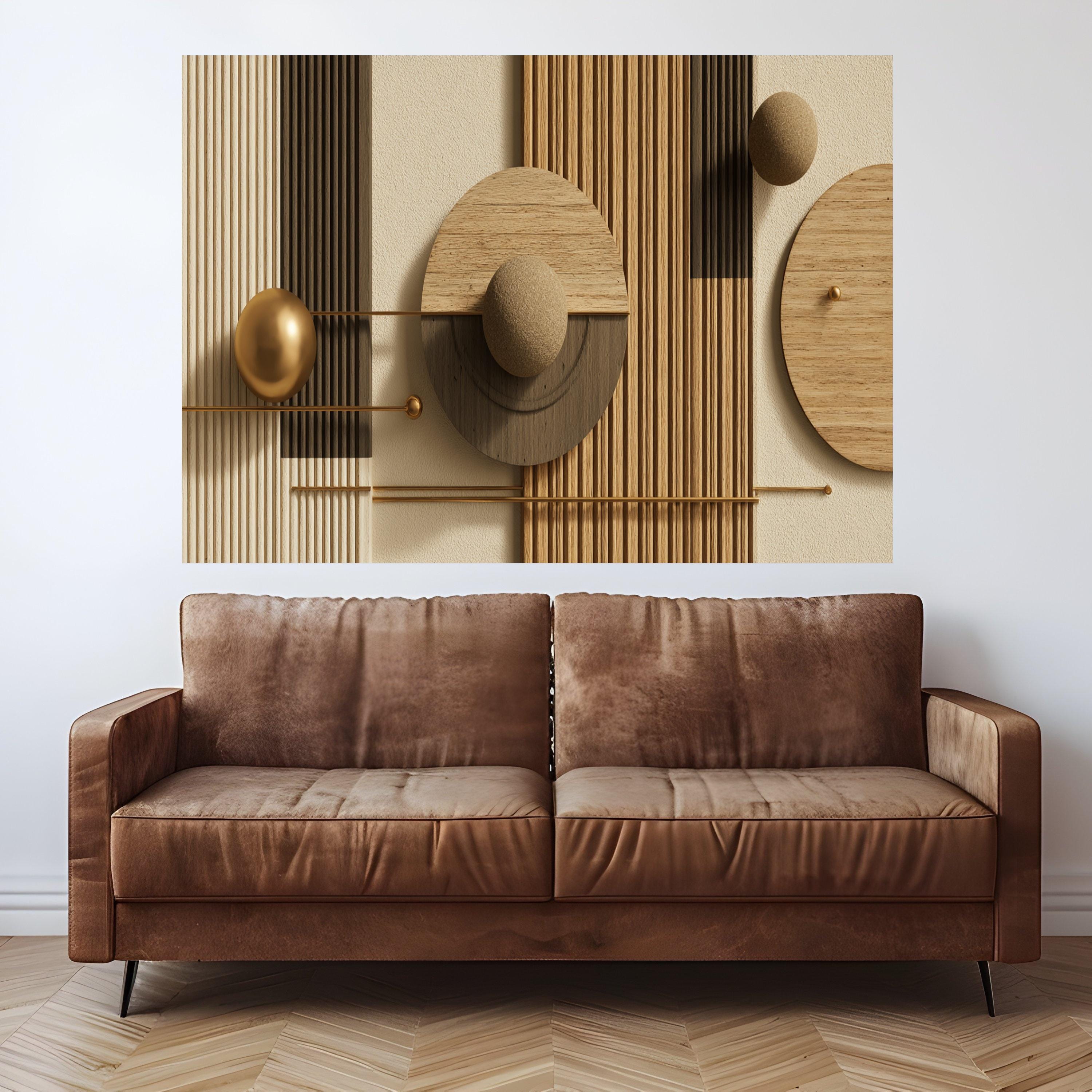 Modern Geometric Wood Canvas, Abstract Wall Art, Spheres and Lines, Neutral Earth Tone Home Decor, Ready to Hang Artwork