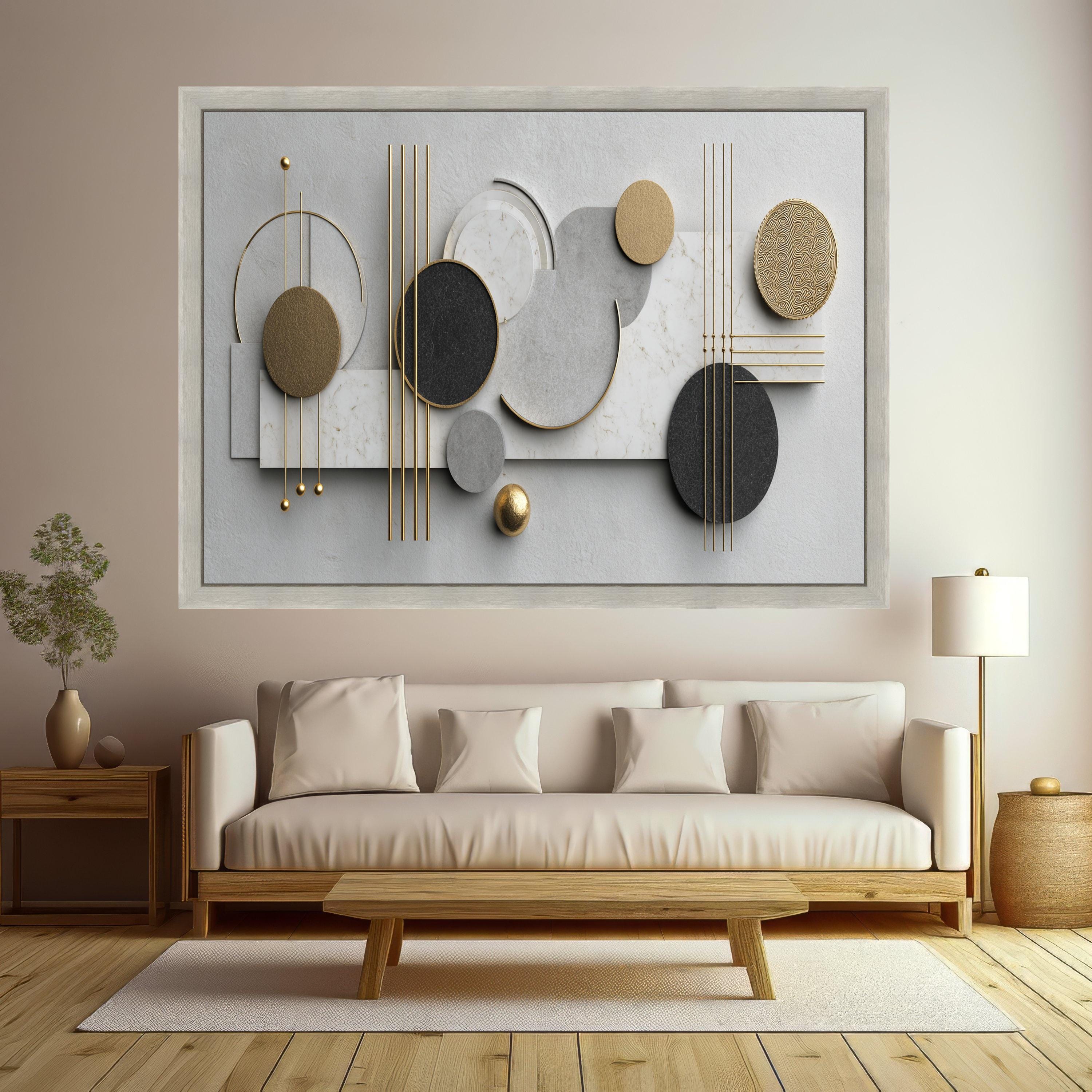 Modern Geometric Abstract Canvas Wall Art, Gold and Marble Circles, Minimalist Design, Luxury Home Decor, Contemporary Wall Sculpture
